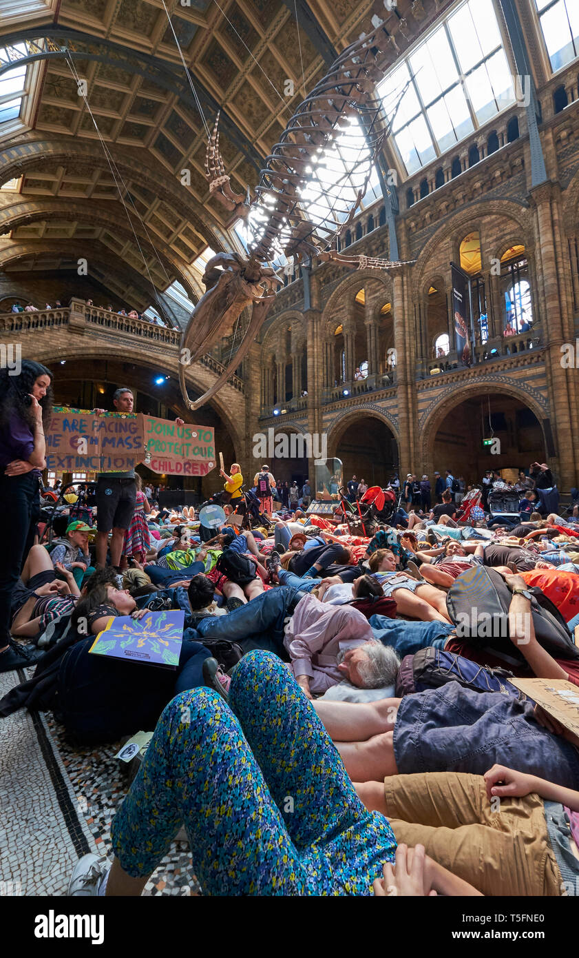 Als Teil des Aussterbens Rebellion Klimawandel Proteste, Familien sind die Inszenierung eines sterben durch auf dem Boden liegend am Natural History Museum Stockfoto