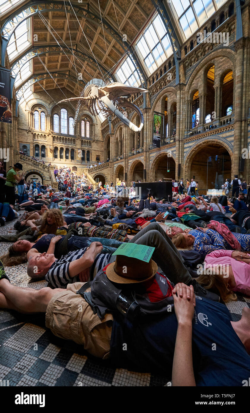 Als Teil des Aussterbens Rebellion Klimawandel Proteste, Familien sind die Inszenierung eines sterben durch auf dem Boden liegend am Natural History Museum Stockfoto