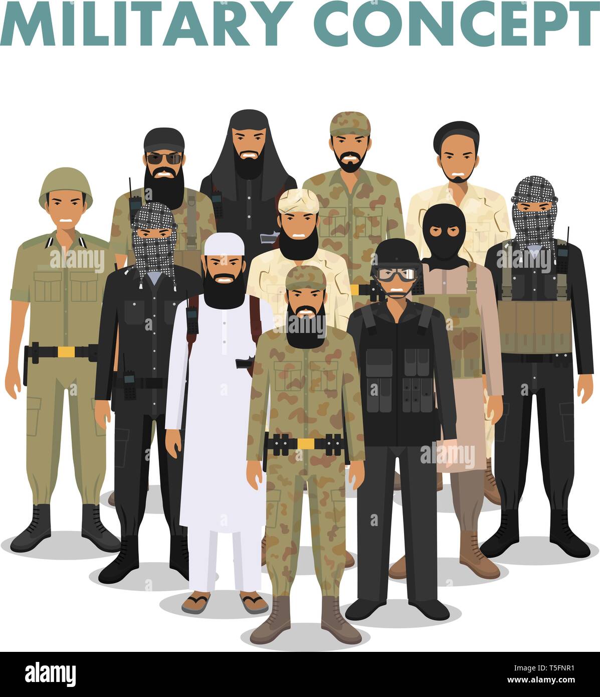 Militärisches Konzept. Satz von verschiedenen detaillierten Darstellung der arabischen muslimischen Soldaten im tarnanzug Uniformen in gemeinsam im flachen Stil auf Weiß Stock Vektor