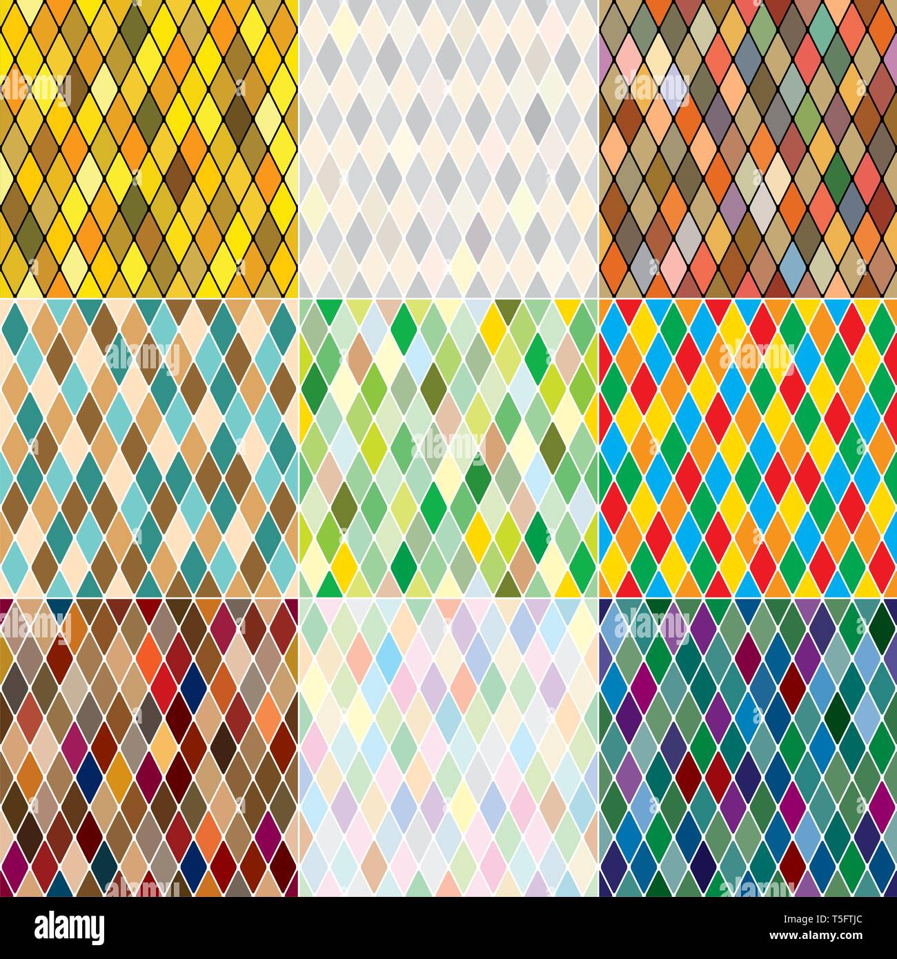 Harlequin's polychromatischen Mosaik Patchwork, mehrfarbige nahtlose Muster, von 9 bunten Kacheln. Stock Vektor