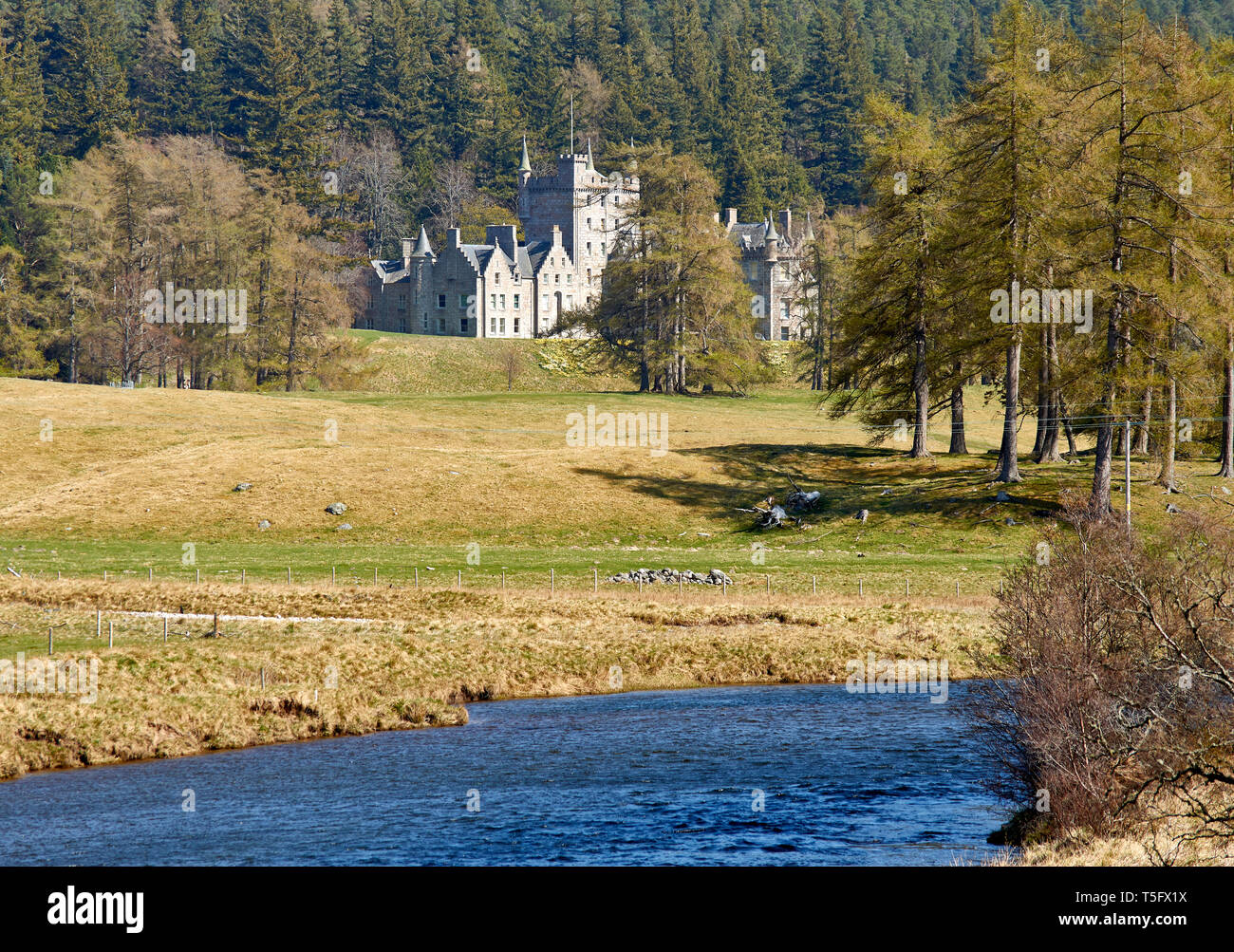 BRAEMAR ABERDEENSHIRE SCOTLAND INVERCAULD SCHLOSS MIT FLUSS DEE IM FRÜHLING Stockfoto