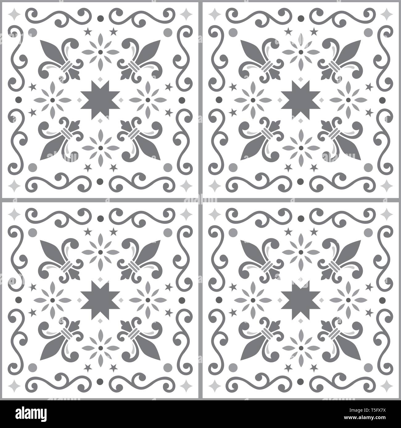 Azulejos nahtlose Vektor Muster, grau Portugiesische Lissabon fliesen Design mit Fleur de Lis, Blumen und geometrische Formen Stock Vektor