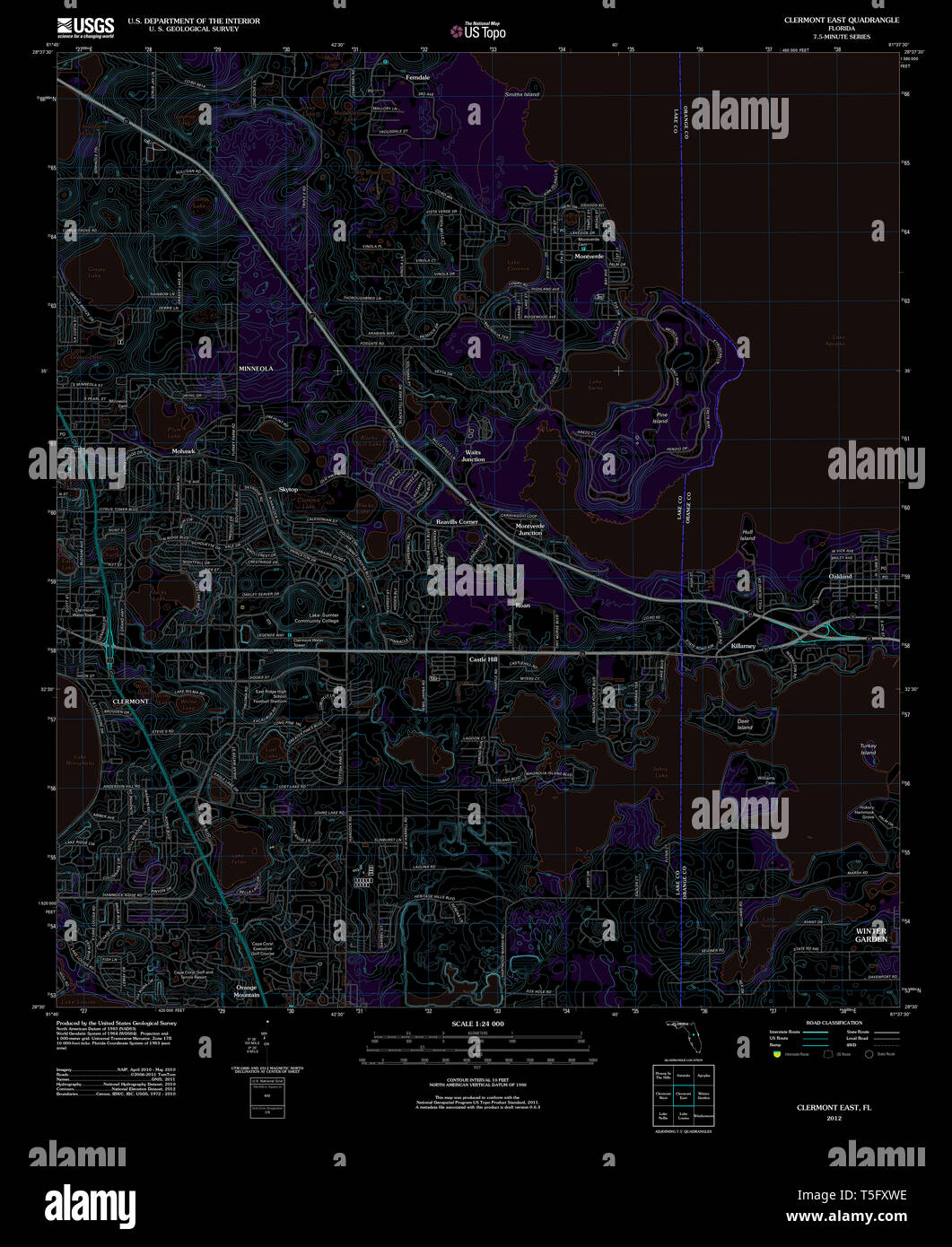 USGS TOPO Karte Florida FL Clermont Osten 20120720 TM invertiert Wiederherstellung Stockfoto