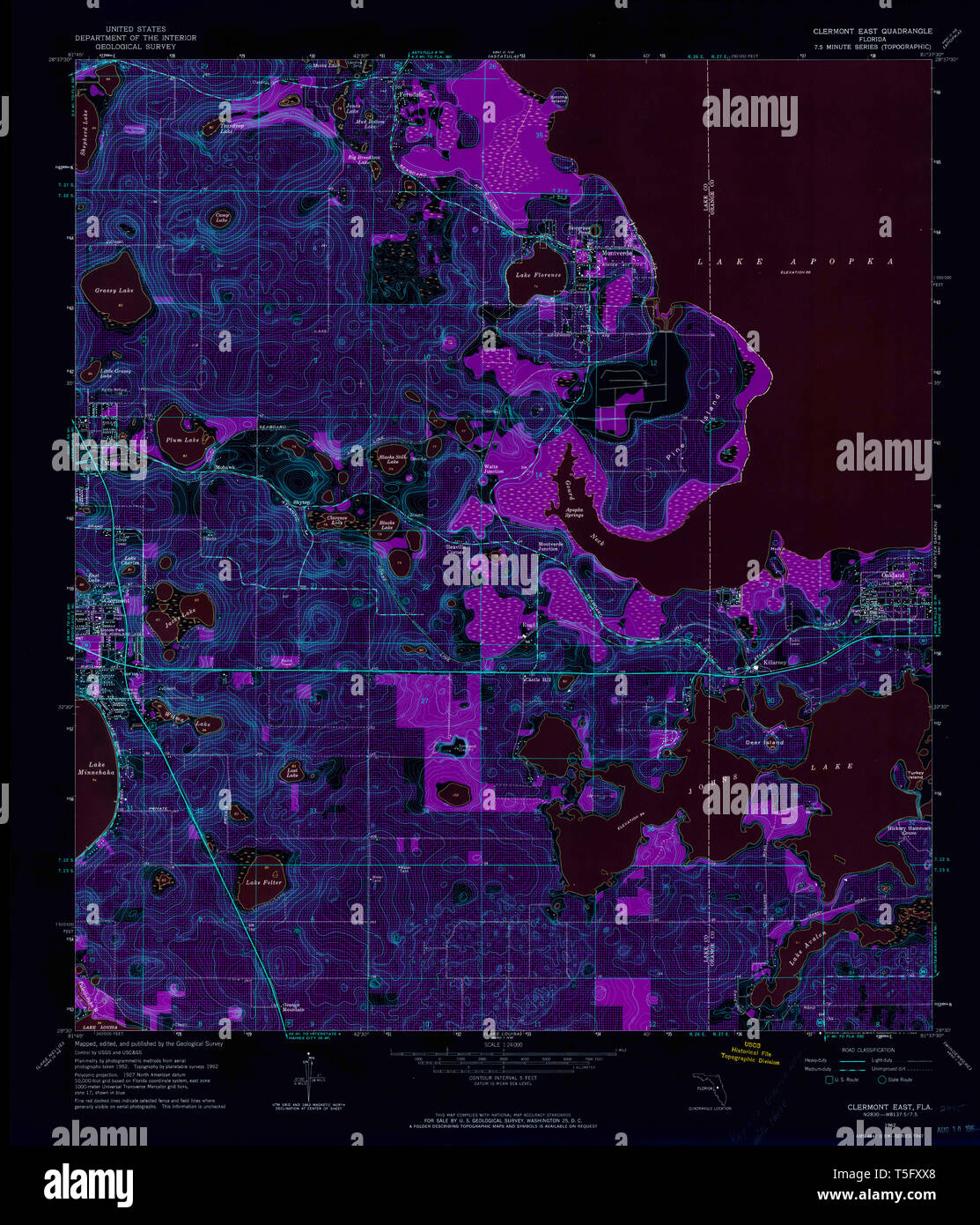 USGS TOPO Karte Florida FL Clermont Osten 345543 1962 24000 invertiert Wiederherstellung Stockfoto