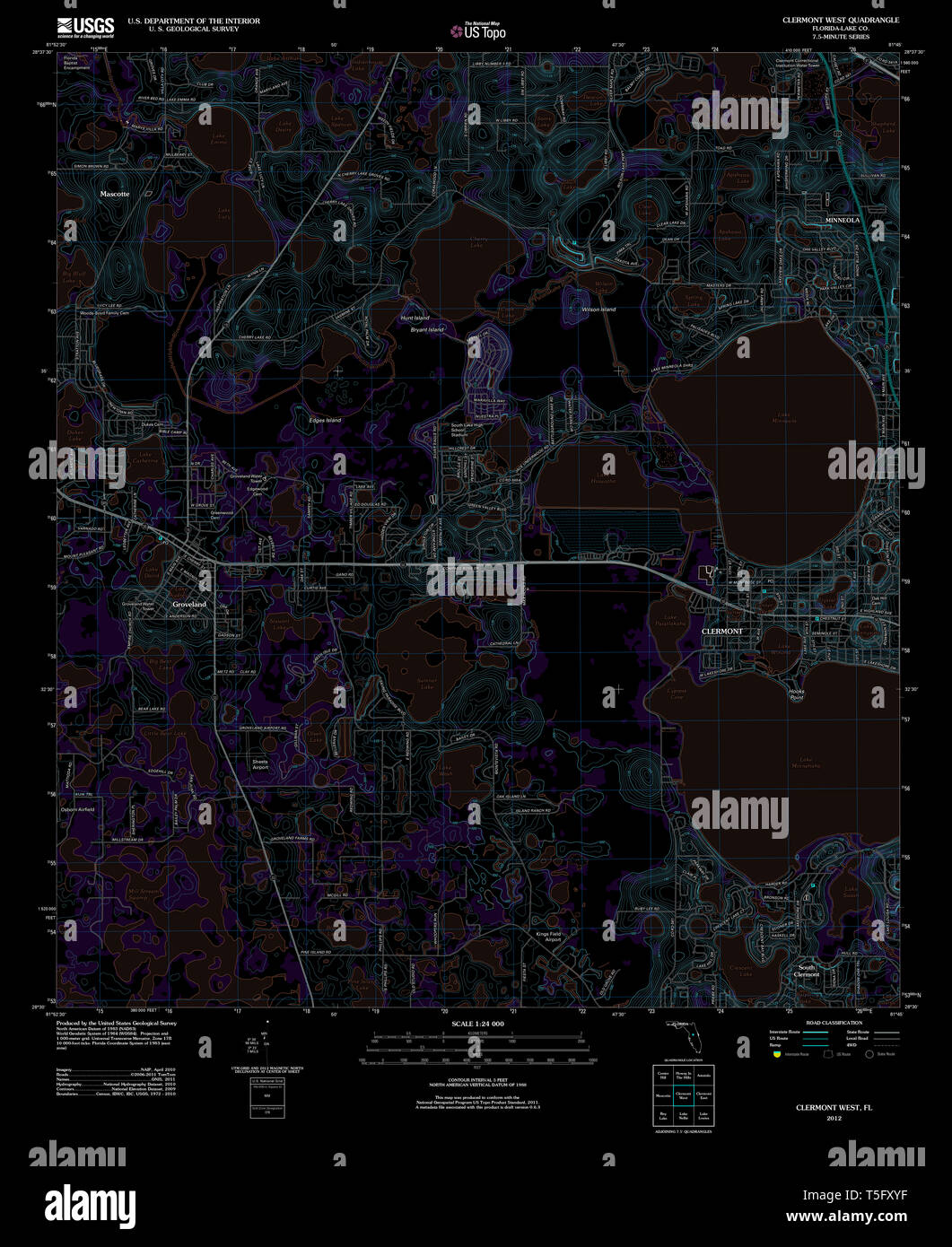 USGS TOPO Karte Florida FL Clermont West 20120720 TM invertiert Wiederherstellung Stockfoto