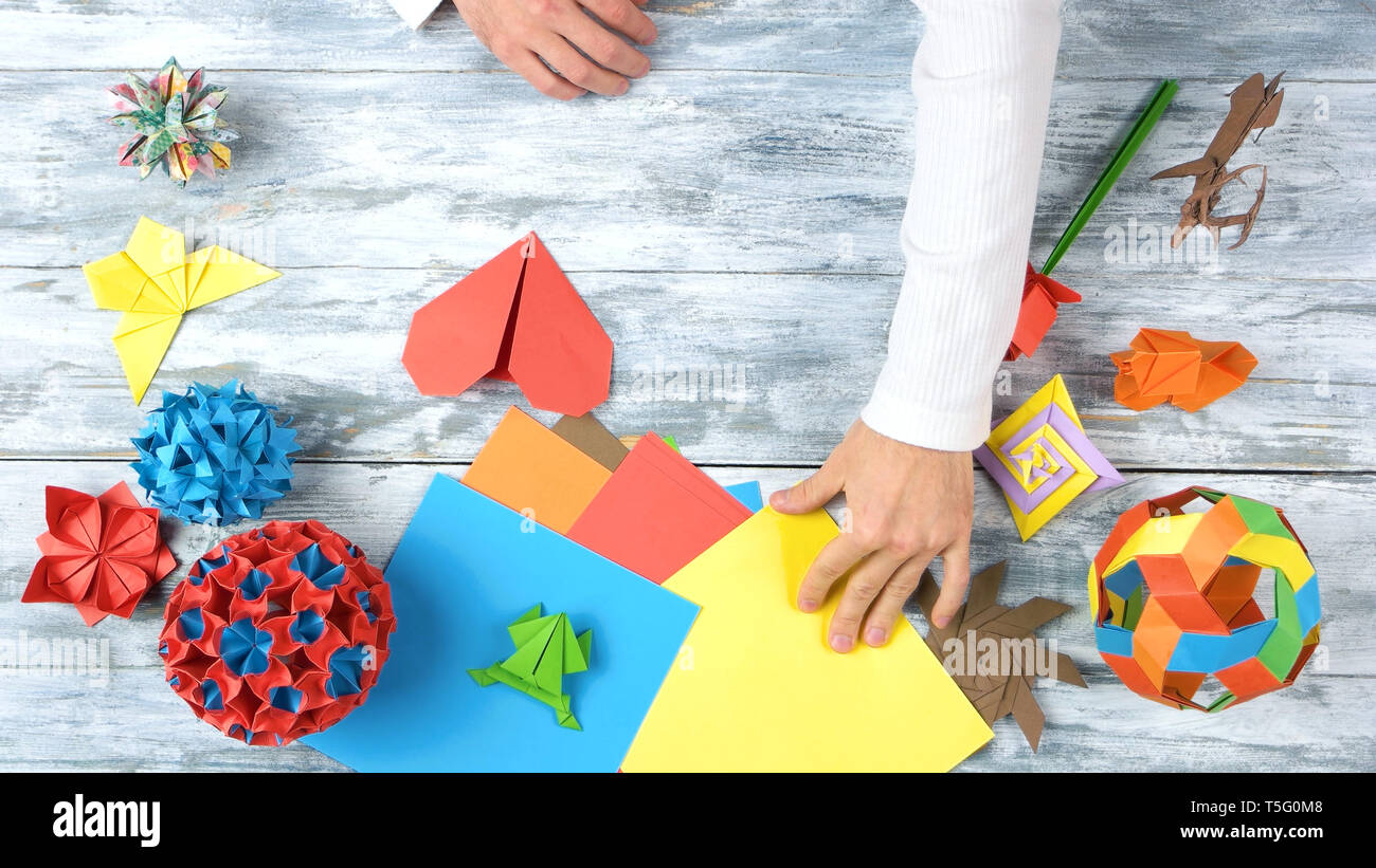 Hände, Origami, Ansicht von oben Stockfoto