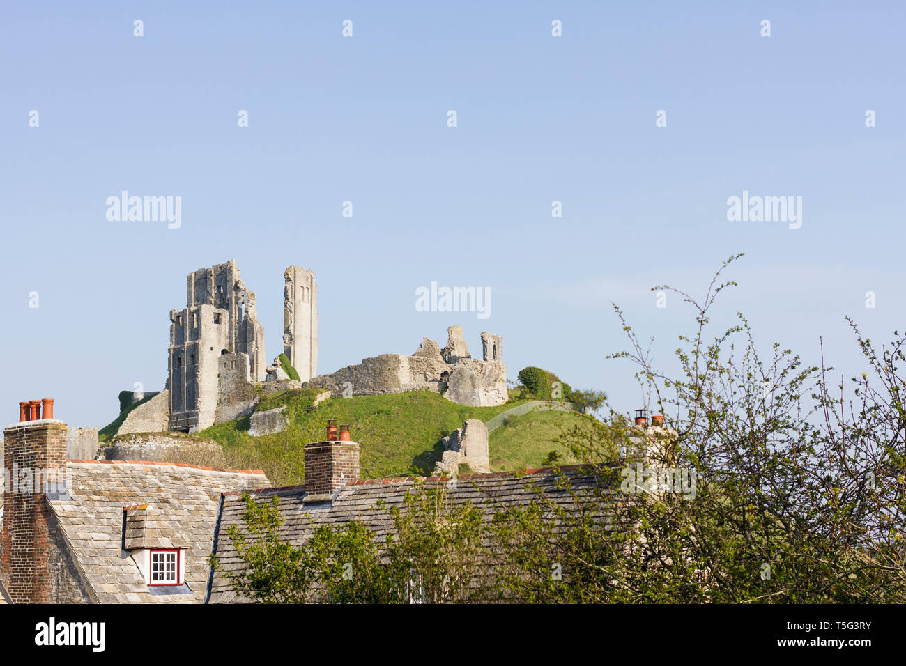 Blick auf die antiken Ruinen von Corfe Castle in Dorset, England. Großbritannien Stockfoto