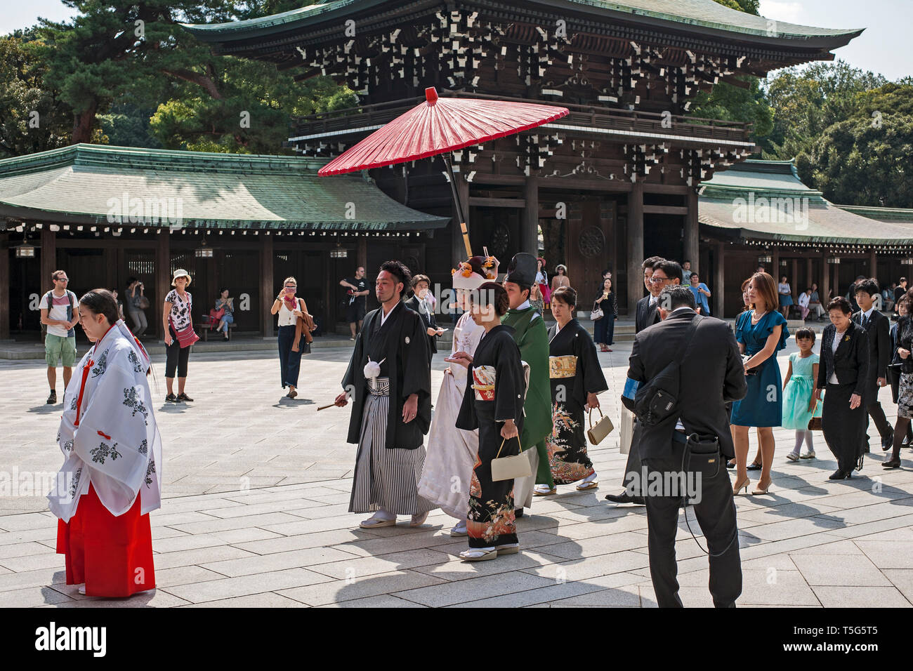 Hochzeit in der Meiji Jingu, (Meiji Schrein) Gründen in Shibuya, Tokio, Japan Stockfoto
