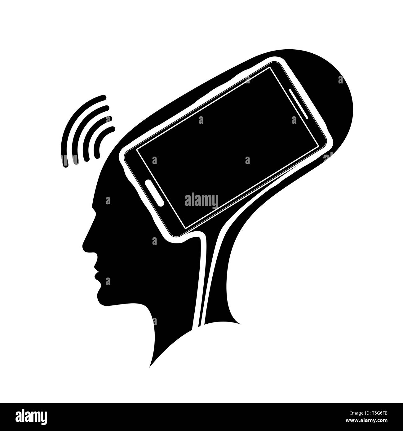 Silhouette eines Mannes, der Kopf mit einem Gehirn in Form eines Smartphones. Die Abhängigkeit von dem Telefon, soziale Netzwerke oder das Internet. Stock Vektor