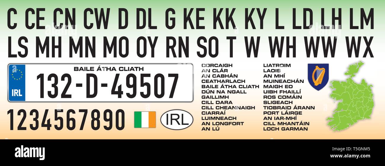 Eire Irland Auto Nummernschild, Buchstaben, Zahlen und Symbole, Vector Illustration Stock Vektor