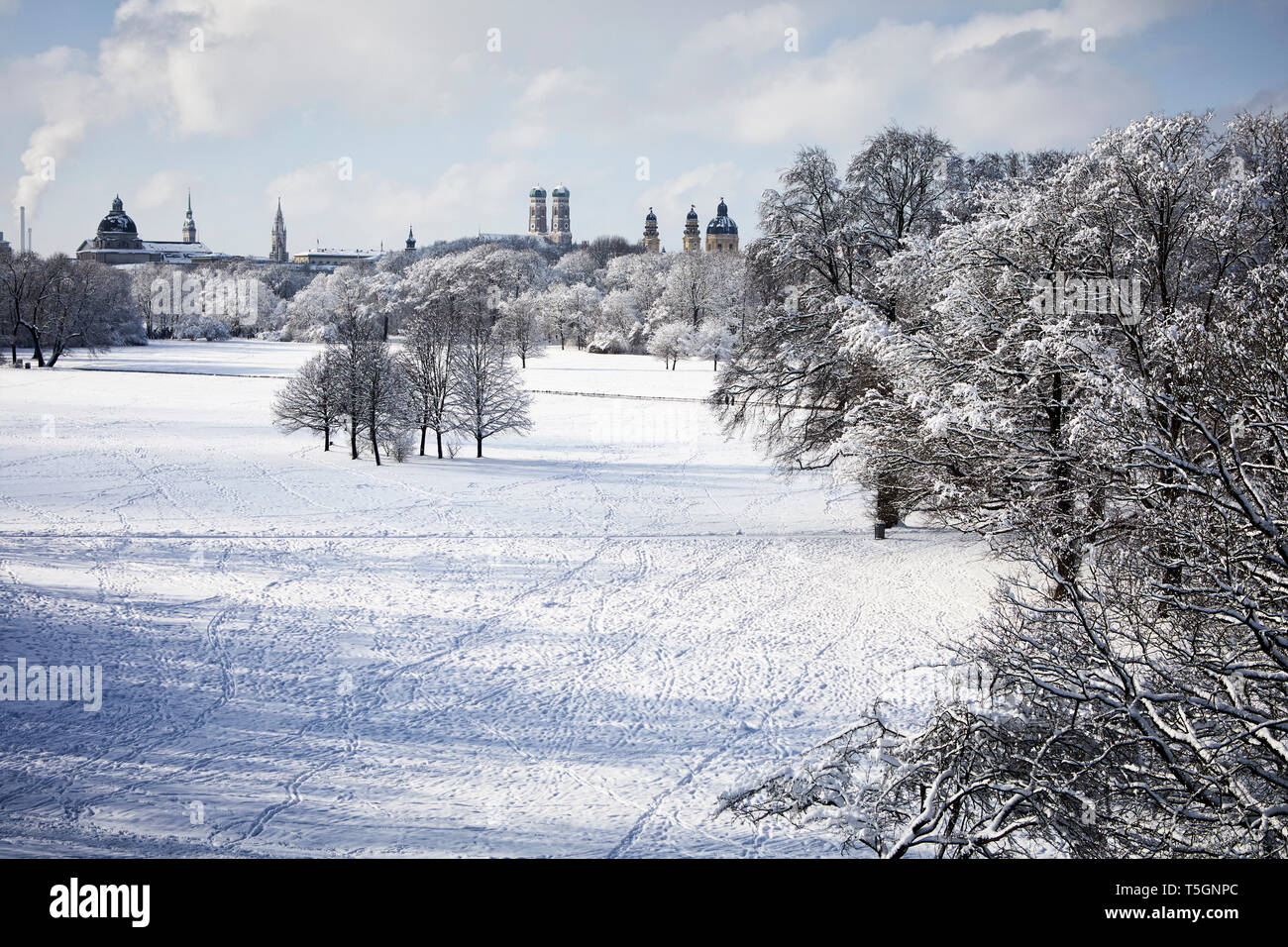 Deutschland, München, Englischer Garten, im Winter in der Skyline Stockfoto