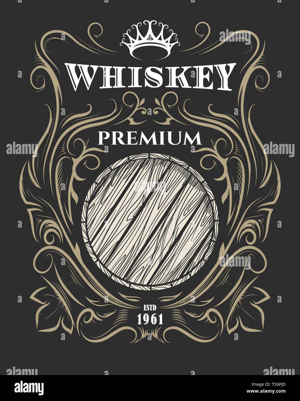 Hand Premium Whiskey Label mit Holzschaft und Krone. American Whiskey Label, Abzeichen, Aufkleber, T-Shirt drucken. Vector Illustration. Stock Vektor