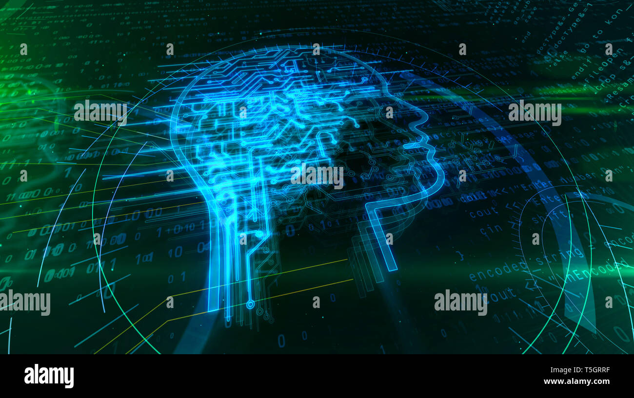 Künstliche Intelligenz, Maschinelles Lernen und cyber mind Konzept 3d-Abbildung. Gesicht Form Hologramm mit futuristischen kybernetische Gehirn auf dynamische Stockfoto