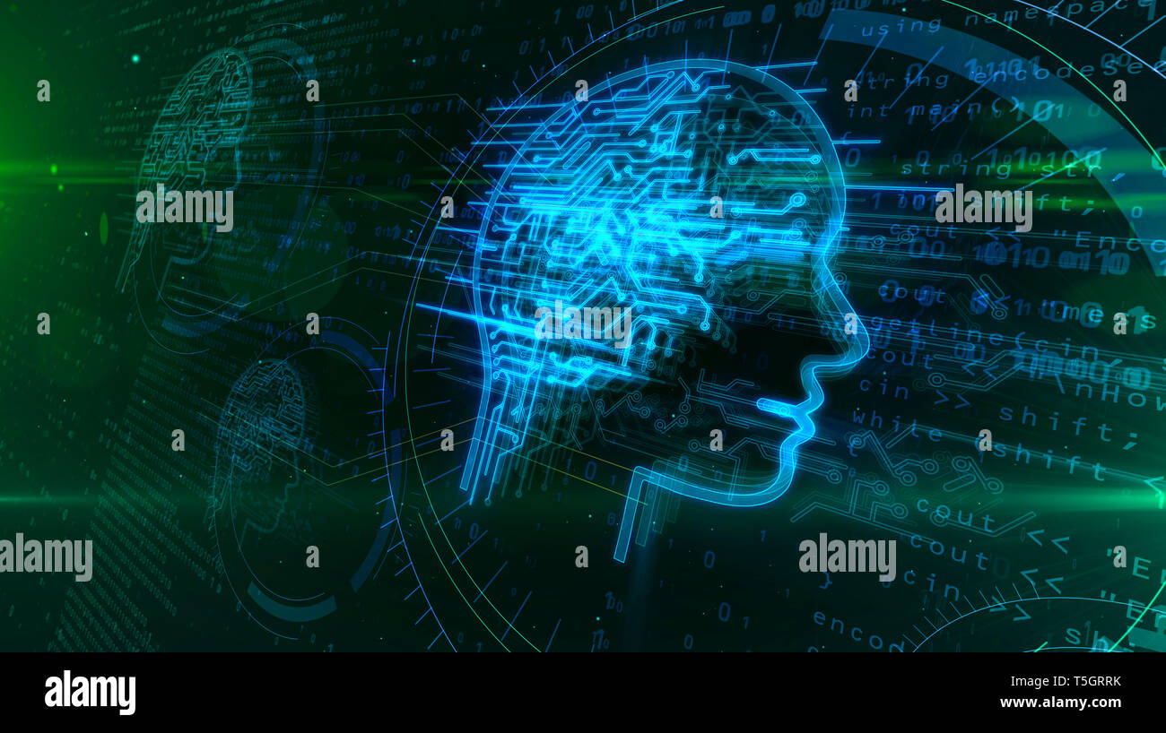 Künstliche Intelligenz, Maschinelles Lernen und cyber mind Konzept 3d-Abbildung. Gesicht Form Hologramm mit futuristischen kybernetische Gehirn auf dynamische Stockfoto