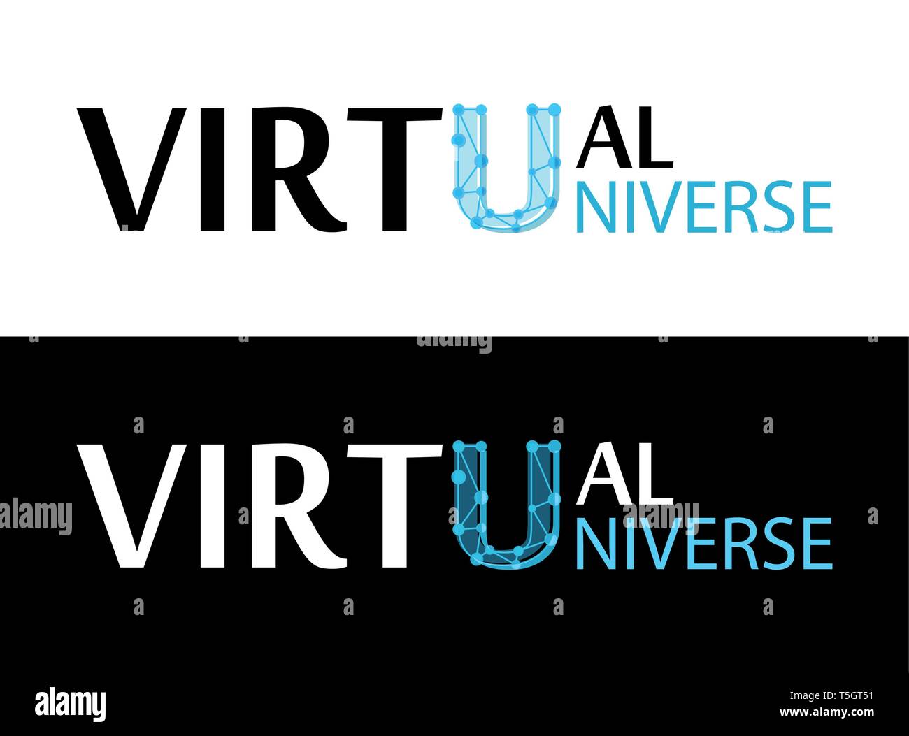 Virtuelles Universum, Vektor Label mit Beschriftung auf weißem Hintergrund. Großbuchstabe im Stil der Phrase in Netzwerk Stil mit Links und Polygonen Stock Vektor
