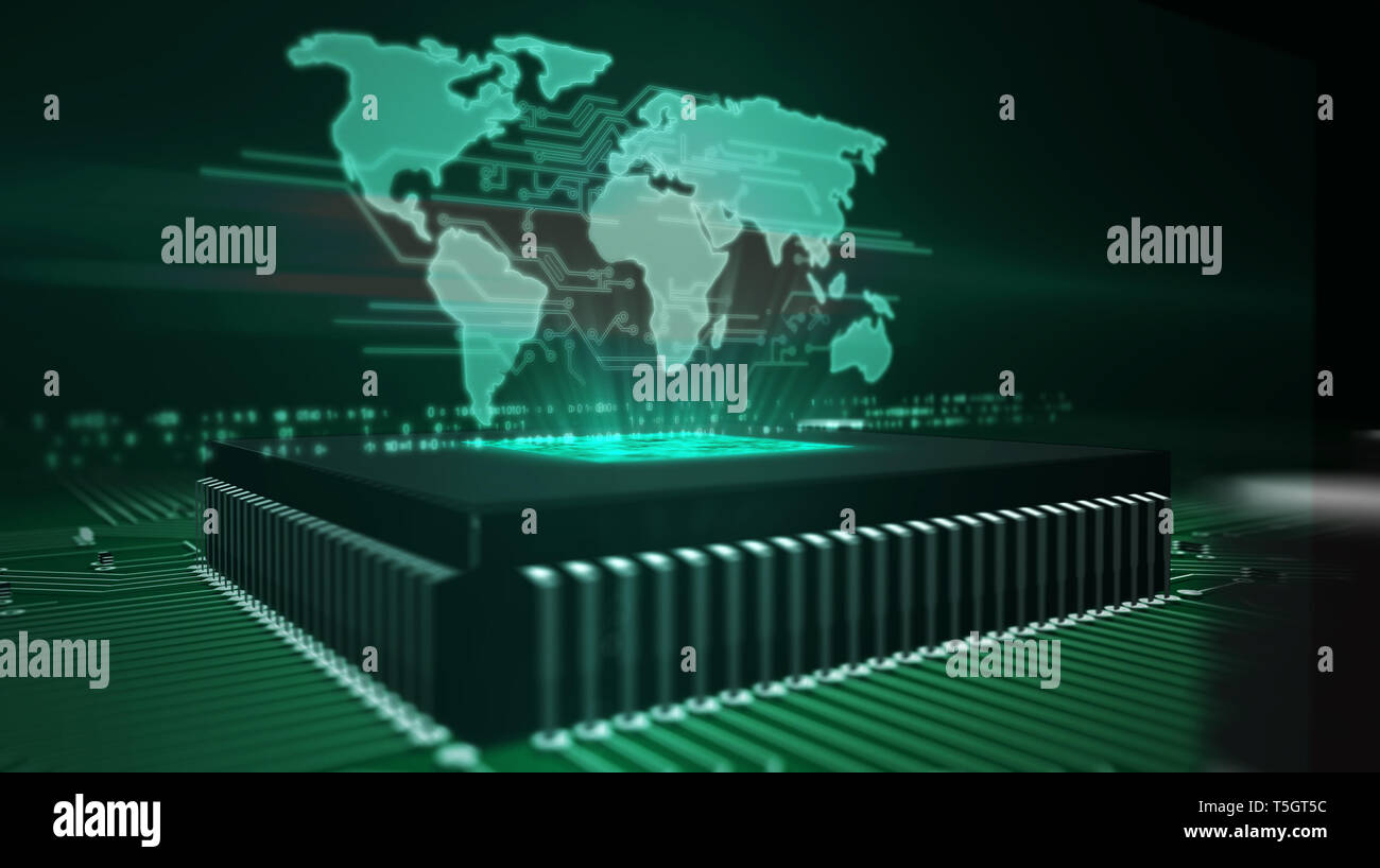 Cyber Security Konzept mit Weltkarte Hologramm über funktionierende cpu im Hintergrund. Konzept der globalen Business, Internet Kommunikation und Social networkin Stockfoto
