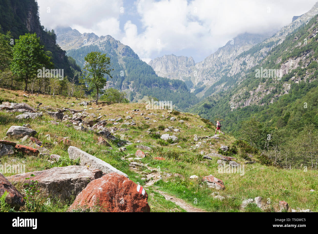 Schweiz, Tessin, Verzasca Tal region, Redorta Tal, Frau auf einem Wanderweg Stockfoto