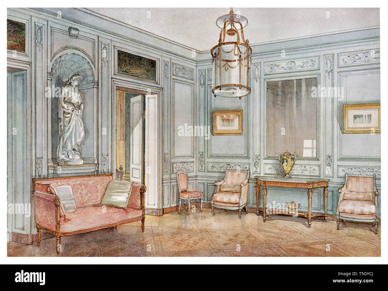 Warten lounge Louis XV-Stil, mit einer halbrunden Nische mit Statue gestaltet. Jahrgang Illustration von Interieur 1905 Stockfoto