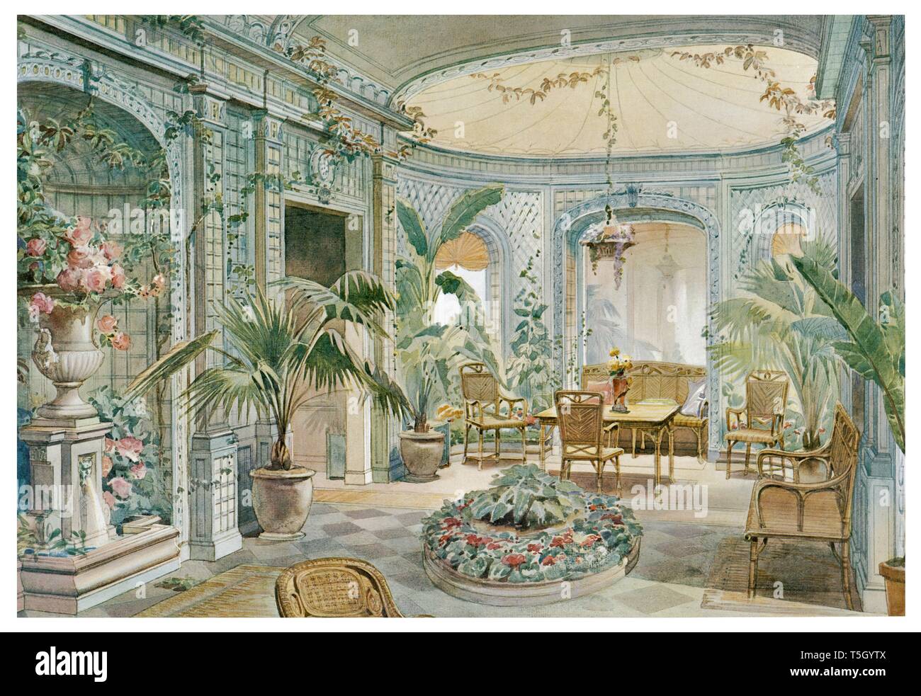 Gewächshaus in hellblau - grün, Louis XVI-Stil. Jahrgang Illustration von Interieur 1905 Stockfoto