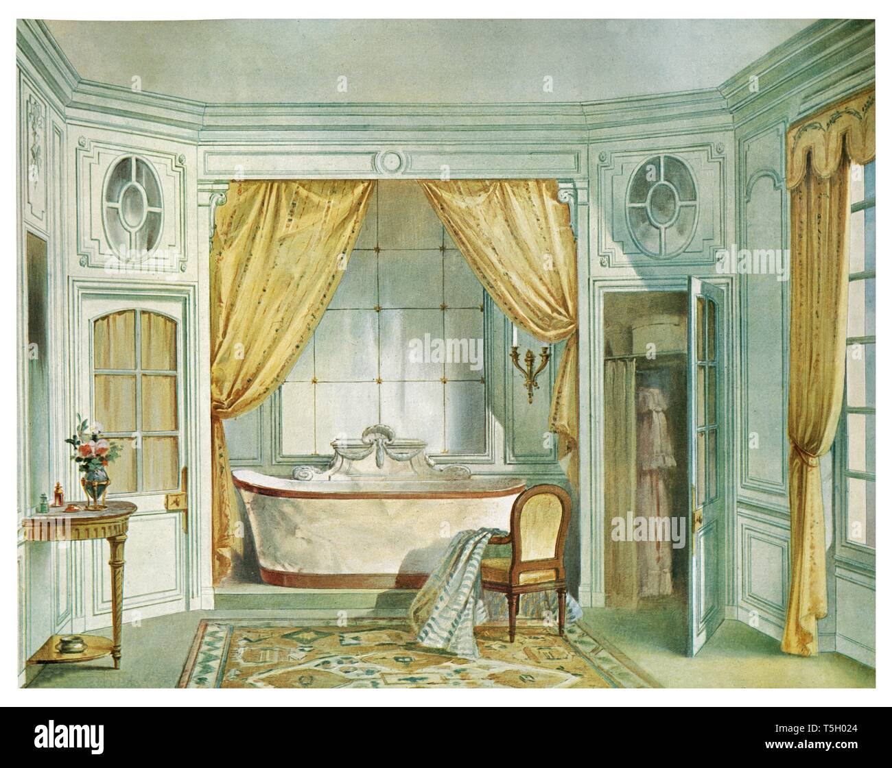 Badezimmer im Louis XVI-Stil, in einer Nische mit Whirlpool, ein großes Glas und Licht. Jahrgang Illustration von Interieur 1905 Stockfoto