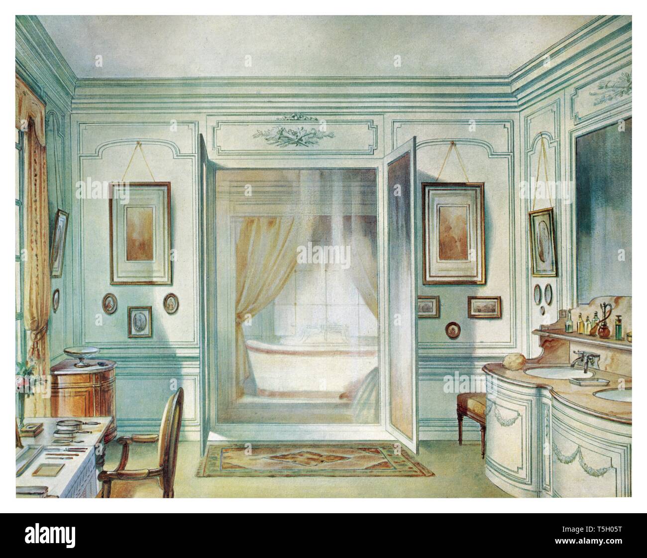 Badezimmer im Louis XVI-Stil, mit einem 3-seitigen Glas. Jahrgang Illustration von Interieur 1905 Stockfoto