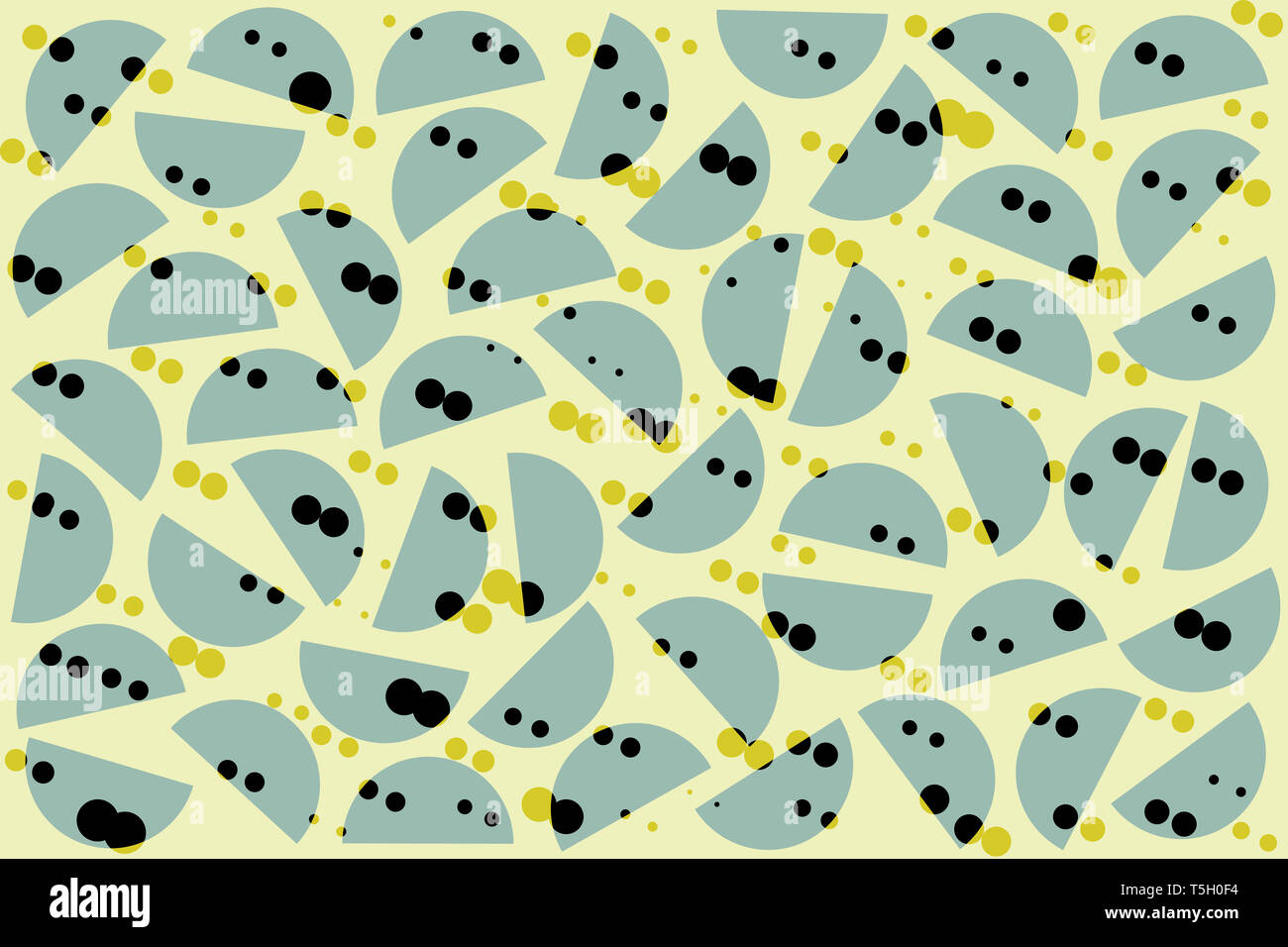 Khaki schwarz zufällige Punkte und blauen Halbkreisen auf beigem Hintergrund. Abstrakte geometrische Formen im Retro-Stil, textile Einrichtung Stockfoto