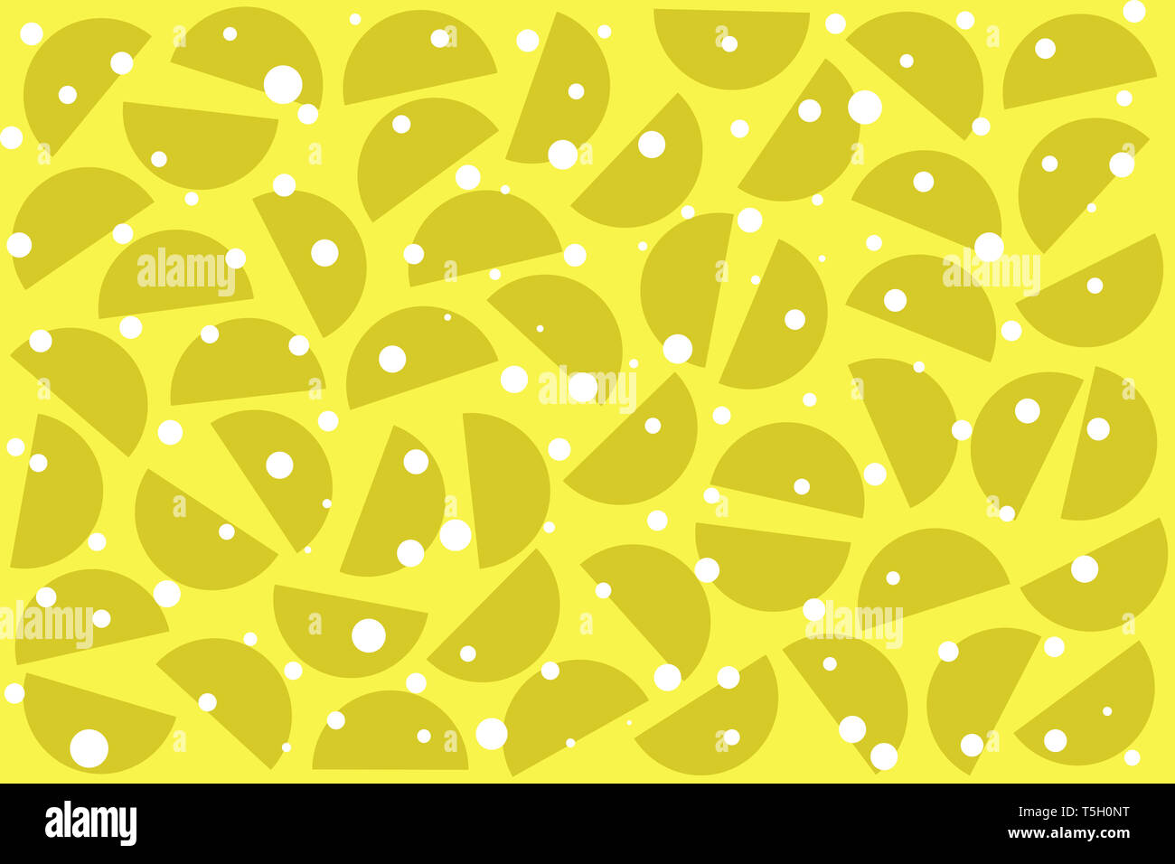 Weiß random Dots und khaki Halbkreise auf gelben Hintergrund. Abstrakte geometrische Formen im Retro-stil für die Textil- und Dekor. Stockfoto