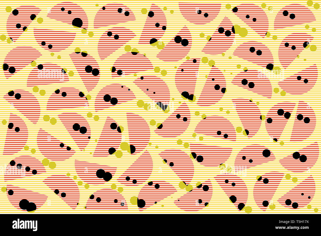 Schwarz Khaki random Dots, rot gestreift Halbkreise auf gelben Hintergrund. Abstrakte geometrische Muster im Retro-stil für textile Einrichtung Stockfoto