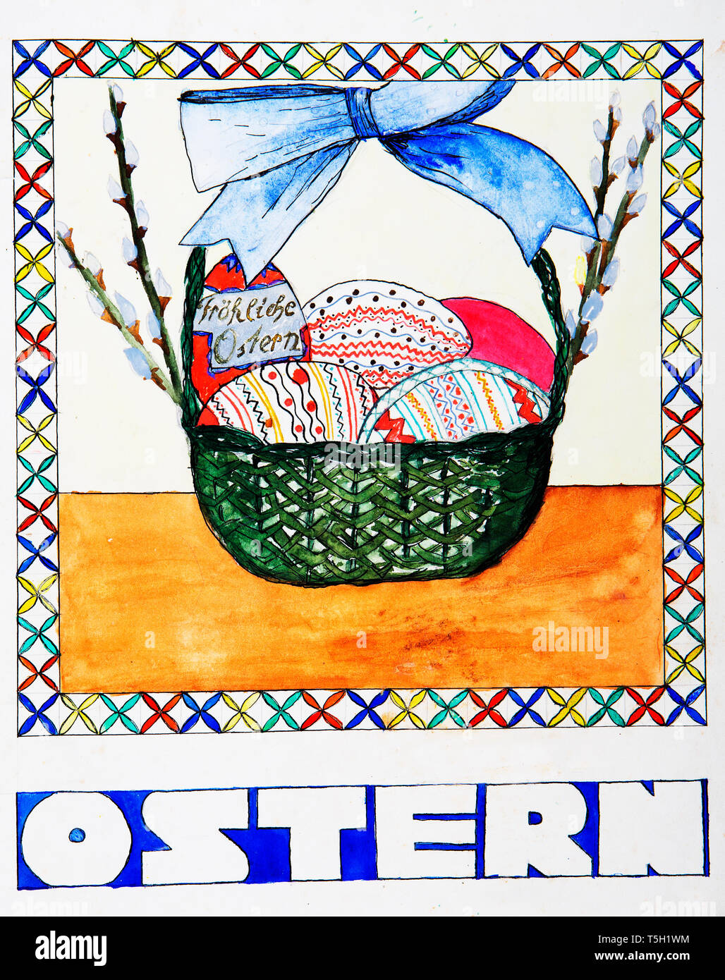 Kinder- Gemälde von wiccurbasket mit bemalten Ostereier Stockfoto