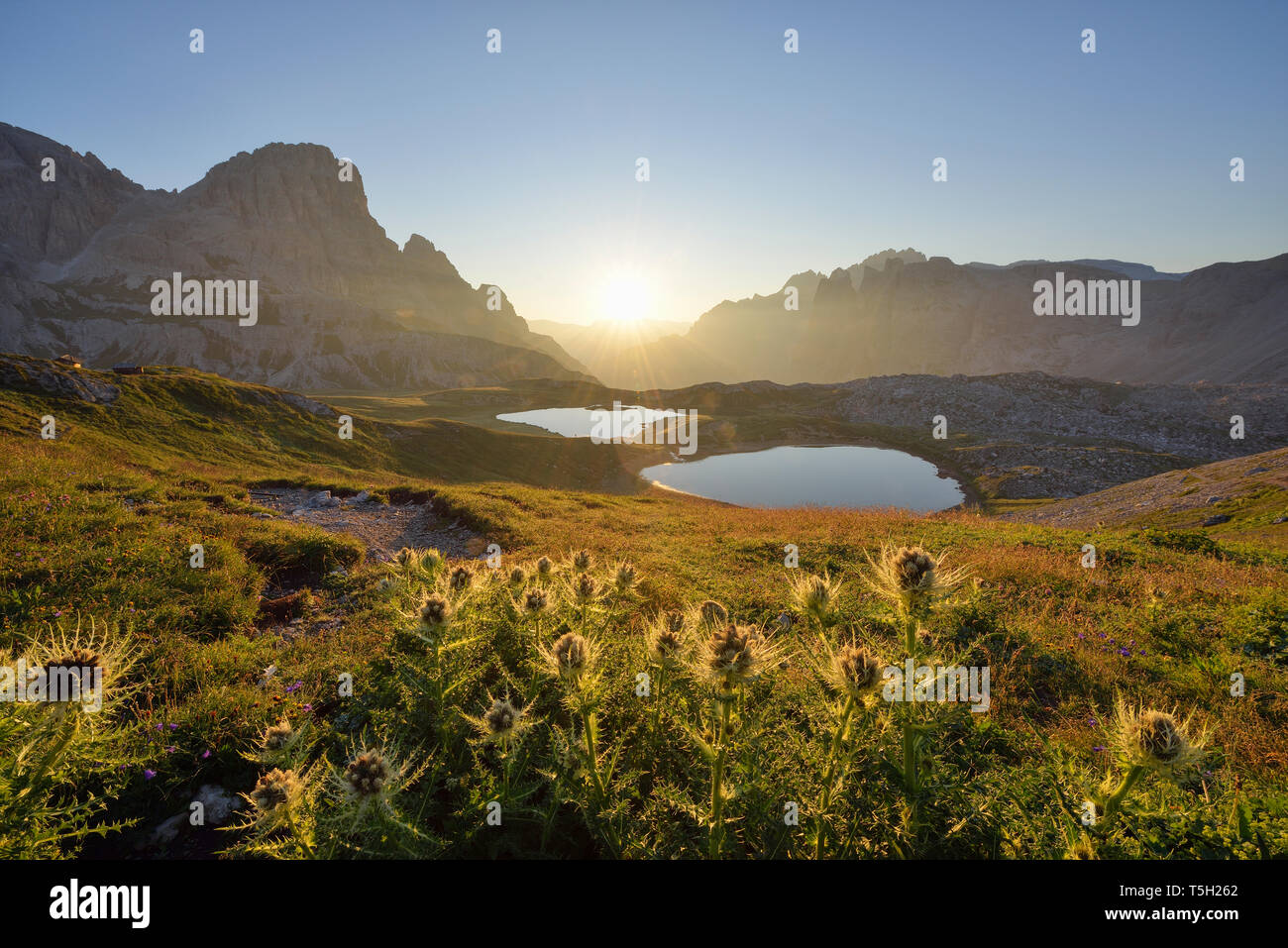 Laghi dei Piani und Innrichriedlknoten Berg bei Sonnenaufgang, Sextner Dolomiten, Italien Stockfoto
