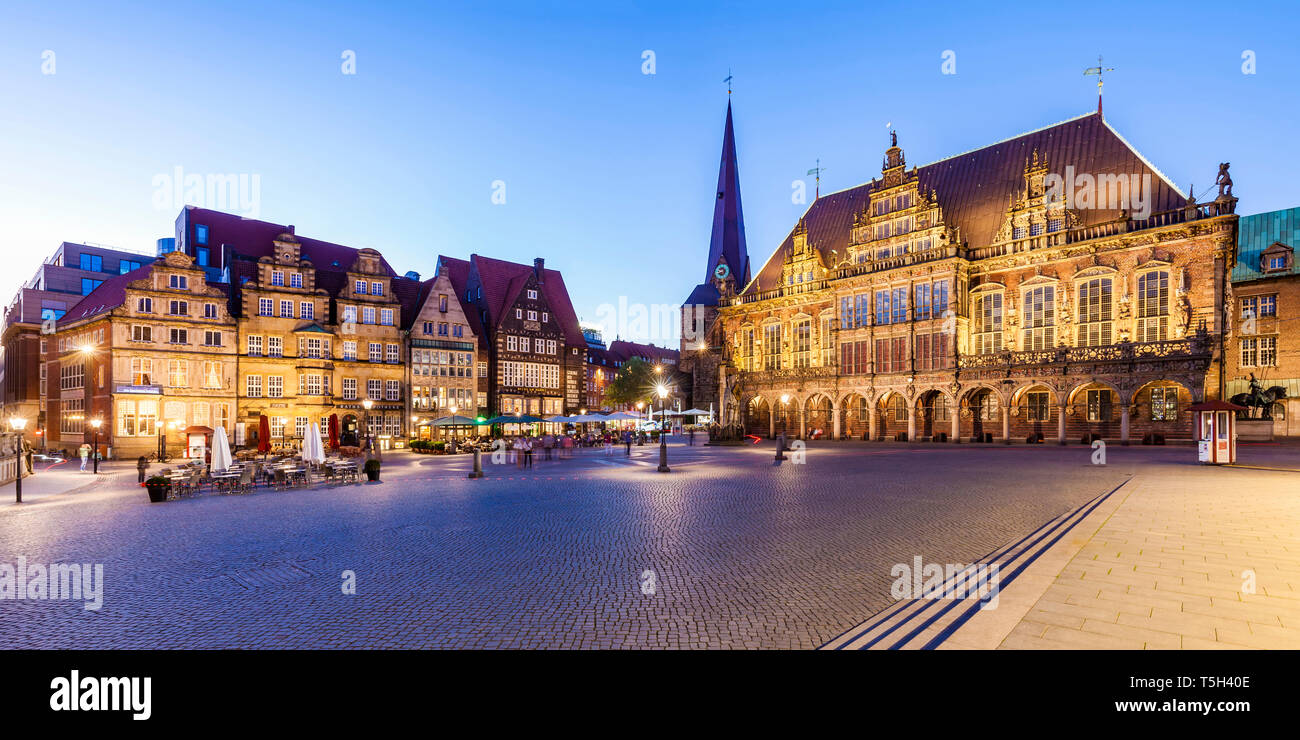 Deutschland, Freie Hansestadt Bremen, Marktplatz, Kaufleute, Rathaus, Bremer Roland, UNESCO Weltkulturerbe Stockfoto