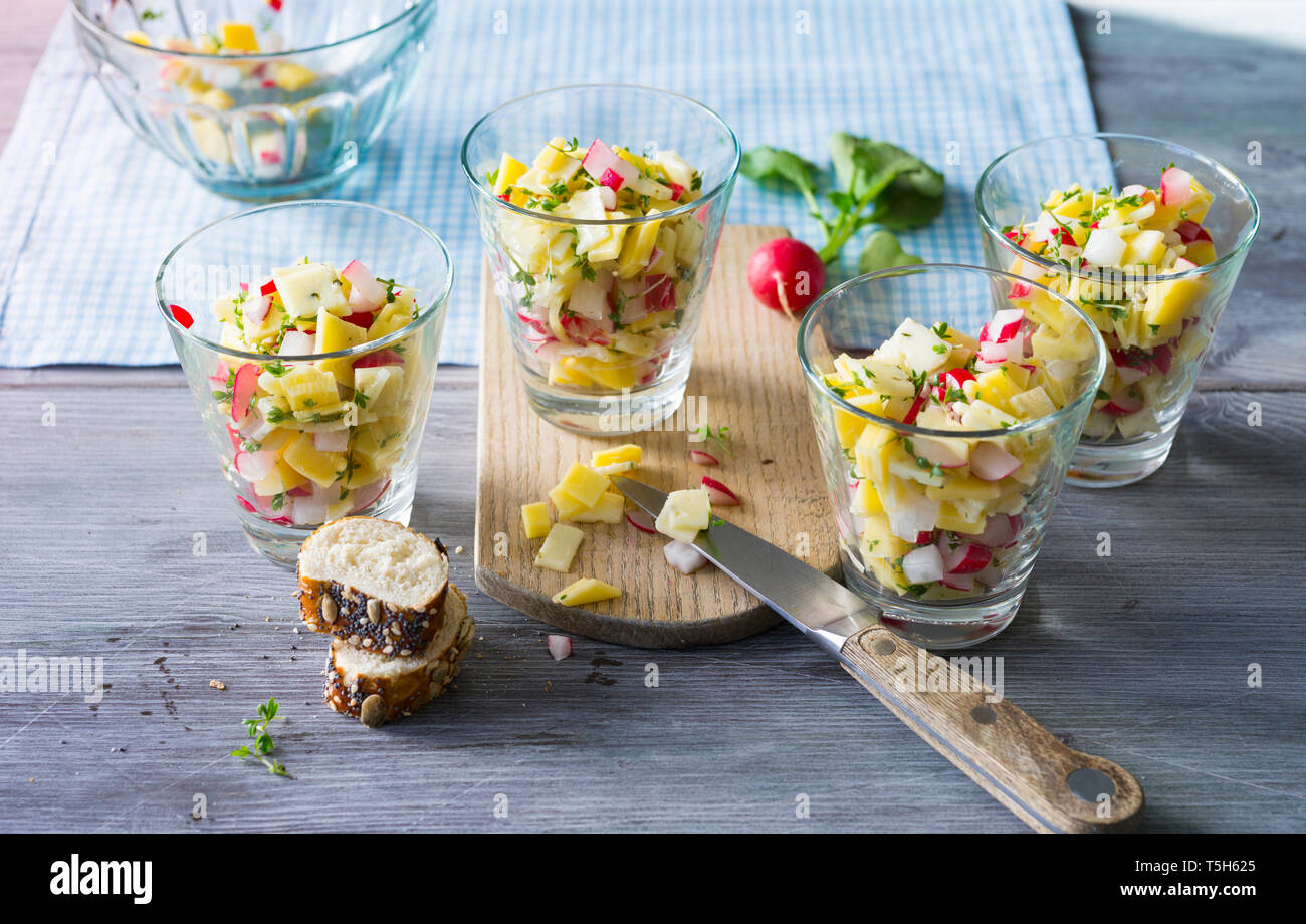 Gläser Käse Salat mit roten Radieschen und Kräutern Stockfoto