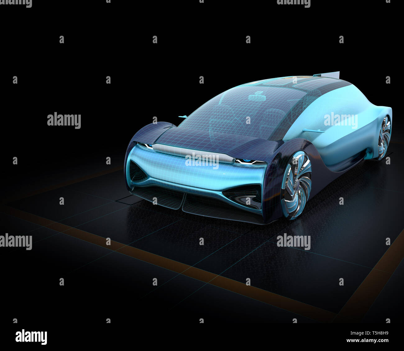 Wireframe Rendern von Elektroauto auf dunklem Hintergrund. 3D-Bild. Stockfoto