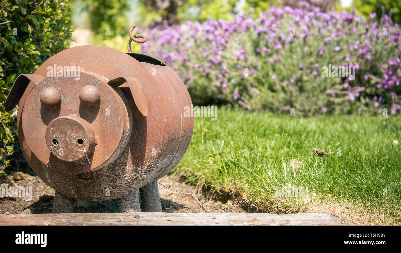 Frühling Gartendekoration in Form von Schweinchen Stockfoto