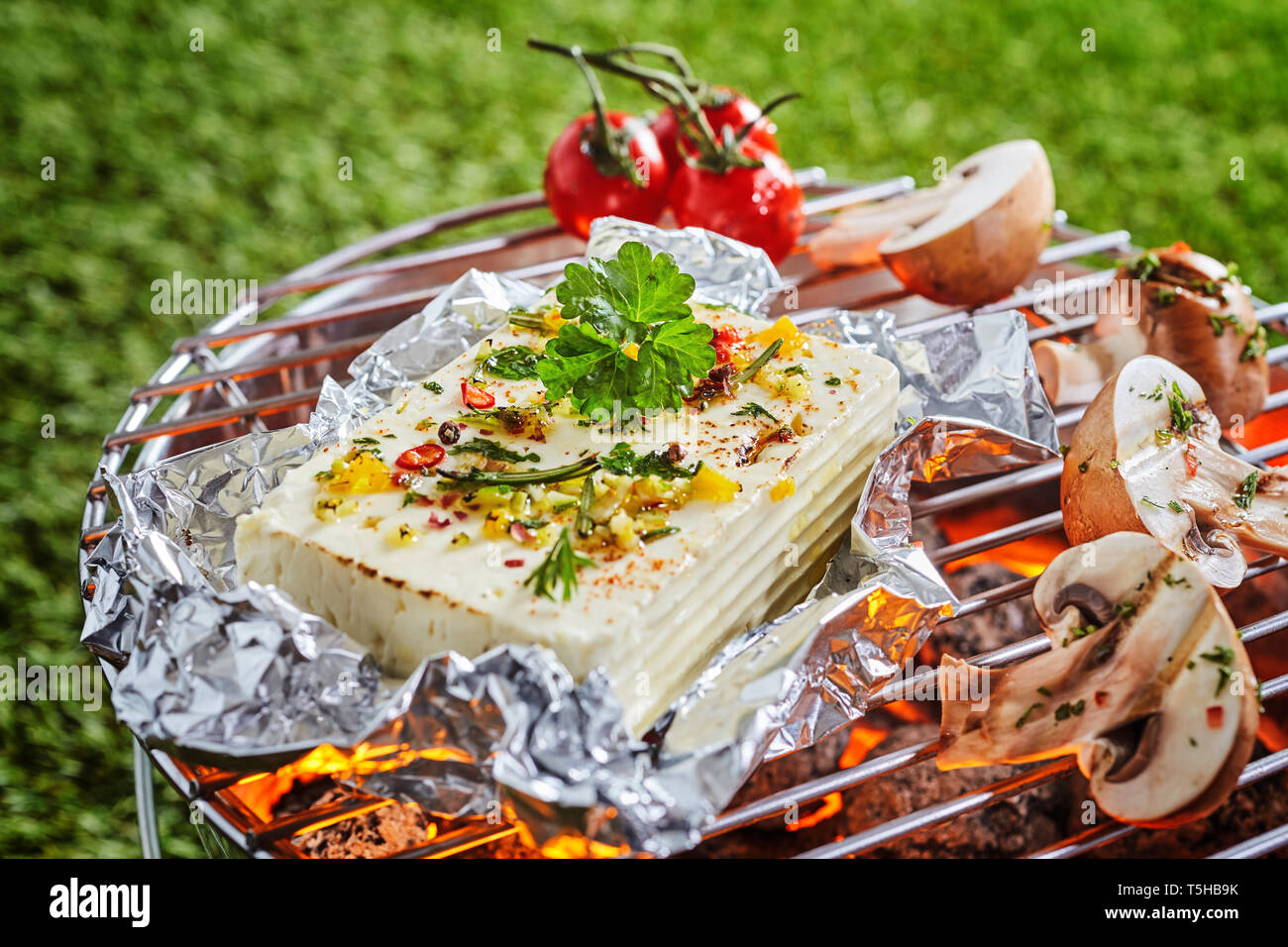 Teil der halloumi oder Tofu in Alufolie Grillen über dem Feuer auf einem  Grill mit frischen in Scheiben geschnittenen Champignons und Tomaten im  Freien auf grünem Gras Stockfotografie - Alamy