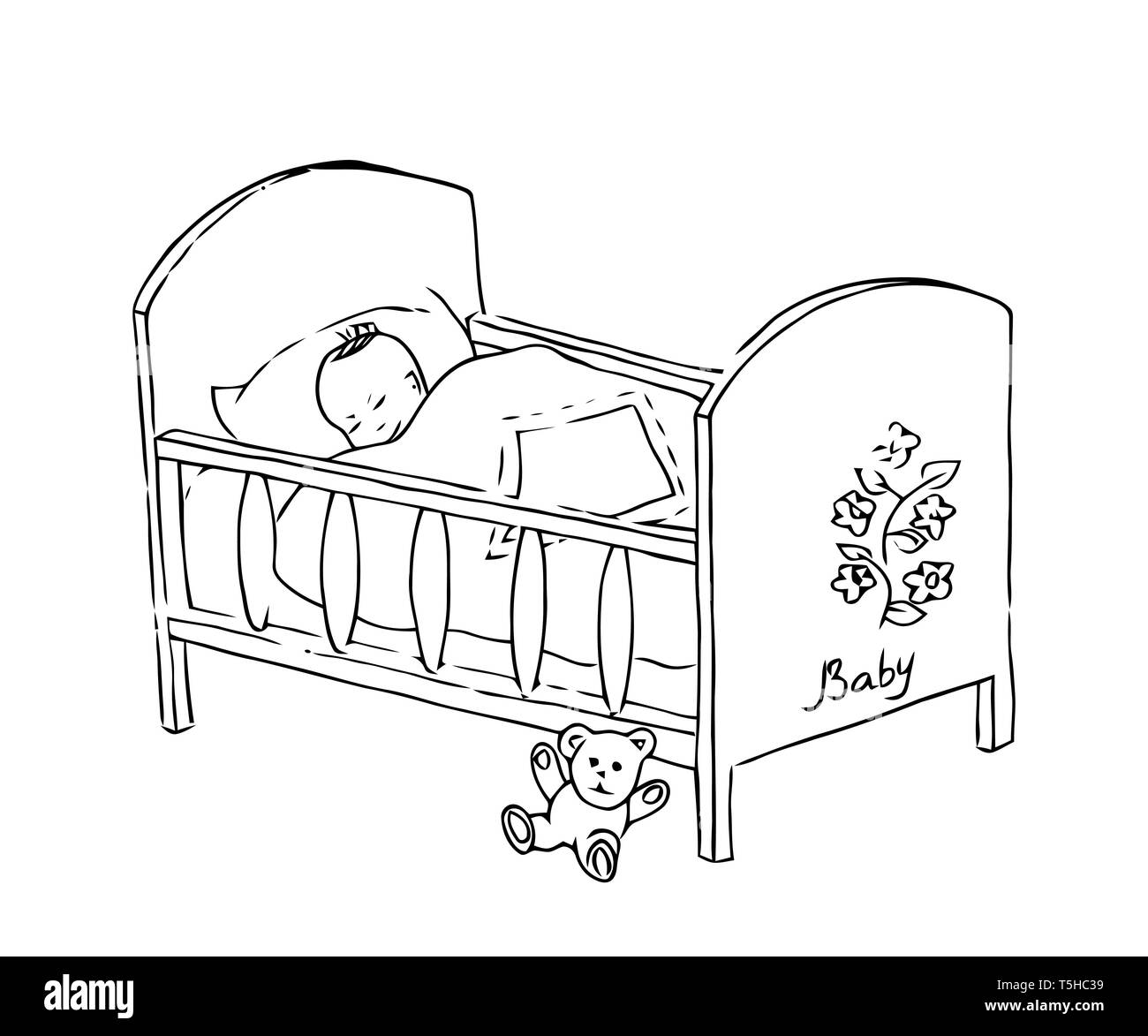 Baby Bett. Neugeborene Vector Illustration. Skizze der Krippe für die Kinder. Stock Vektor
