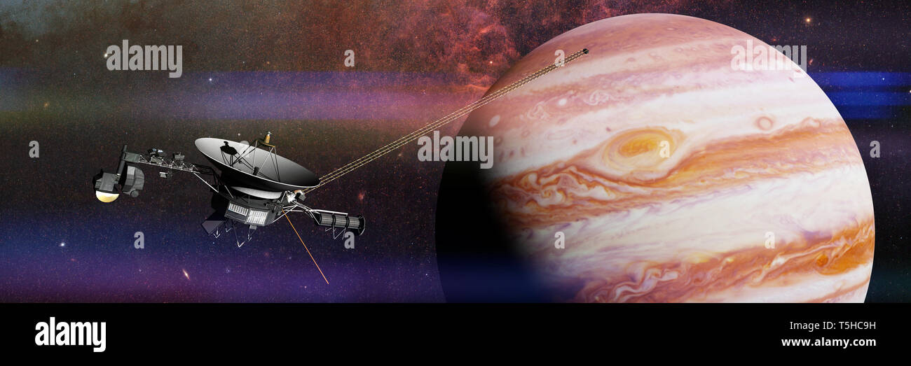 Planet Jupiter mit Voyager Raumsonde Vorbeiflug Stockfoto
