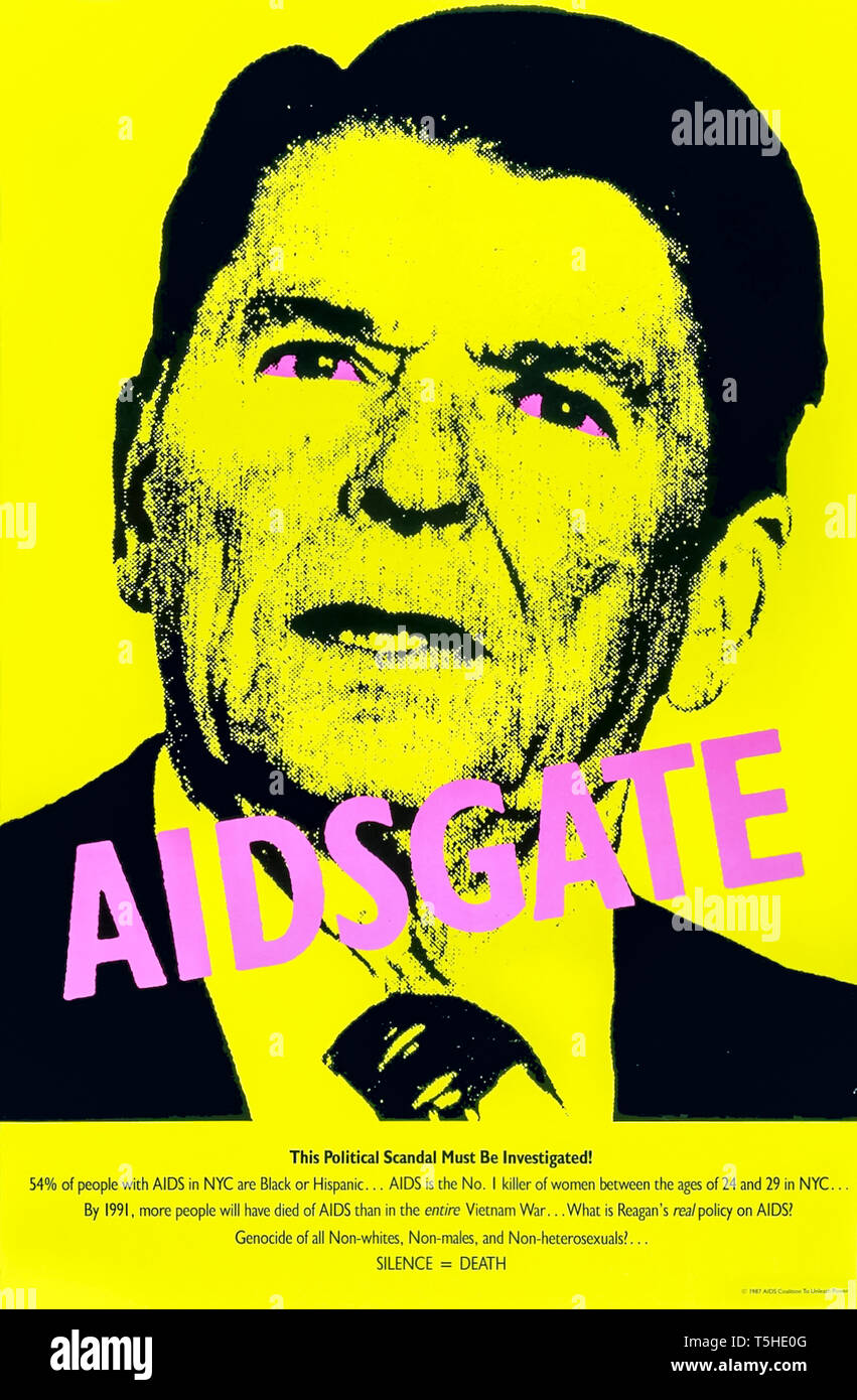 AIDSGATE Plakat 1987 durch die Stille = Tod Projekt Bewusstsein für AIDS zu schärfen und die Untätigkeit der amerikanischen Regierung kritisieren zu publizieren, Maßnahmen gegen die wachsende Epidemie oder produziert. Stockfoto