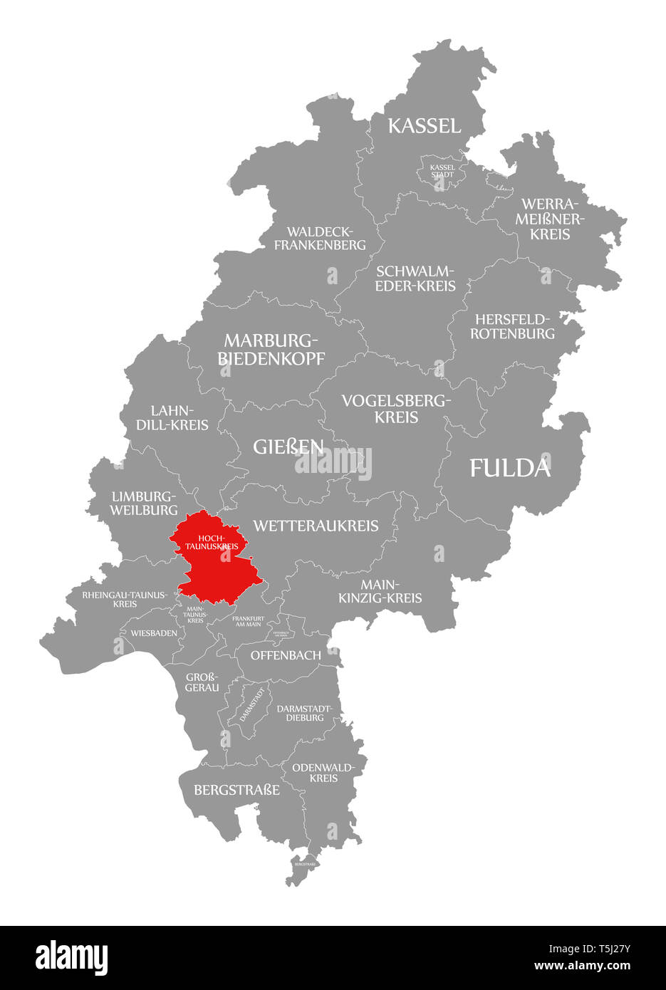 Hochtaunuskreis county rot hervorgehoben Karte von Hessen Deutschland Stockfoto