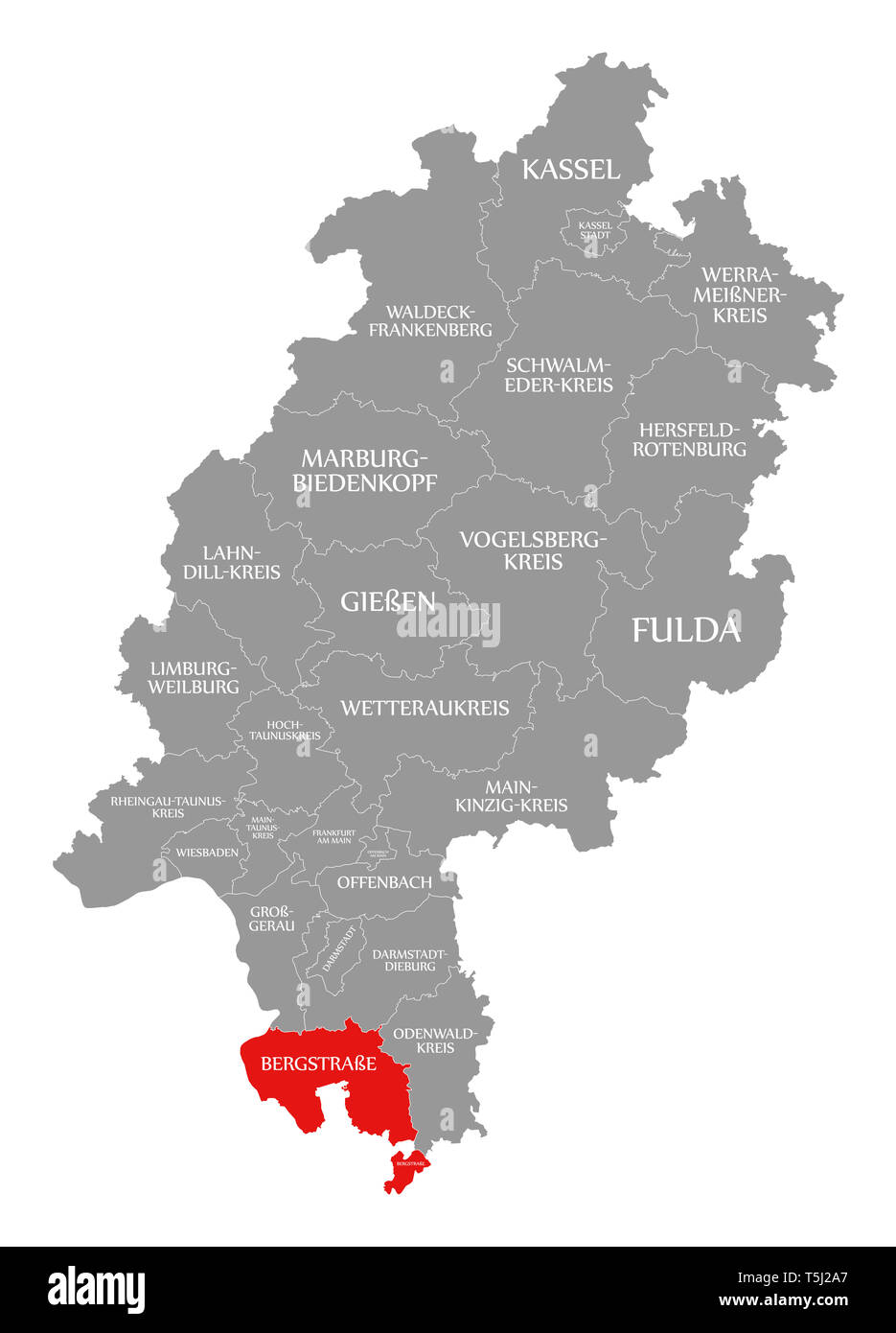 Bergstraße county rot hervorgehoben Karte von Hessen Deutschland Stockfoto