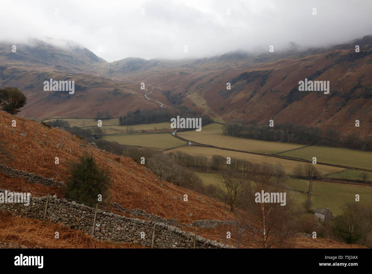 Blick Hardknott Pass von Eskdale, Lake District, Cumbria, England, Großbritannien Stockfoto