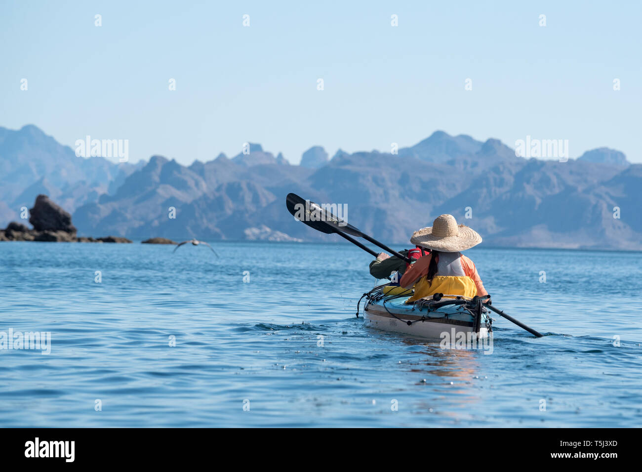 Kajakfahren auf dem Meer, die Bucht von Loreto Nationalpark, Baja California Sur, Mexiko. Stockfoto