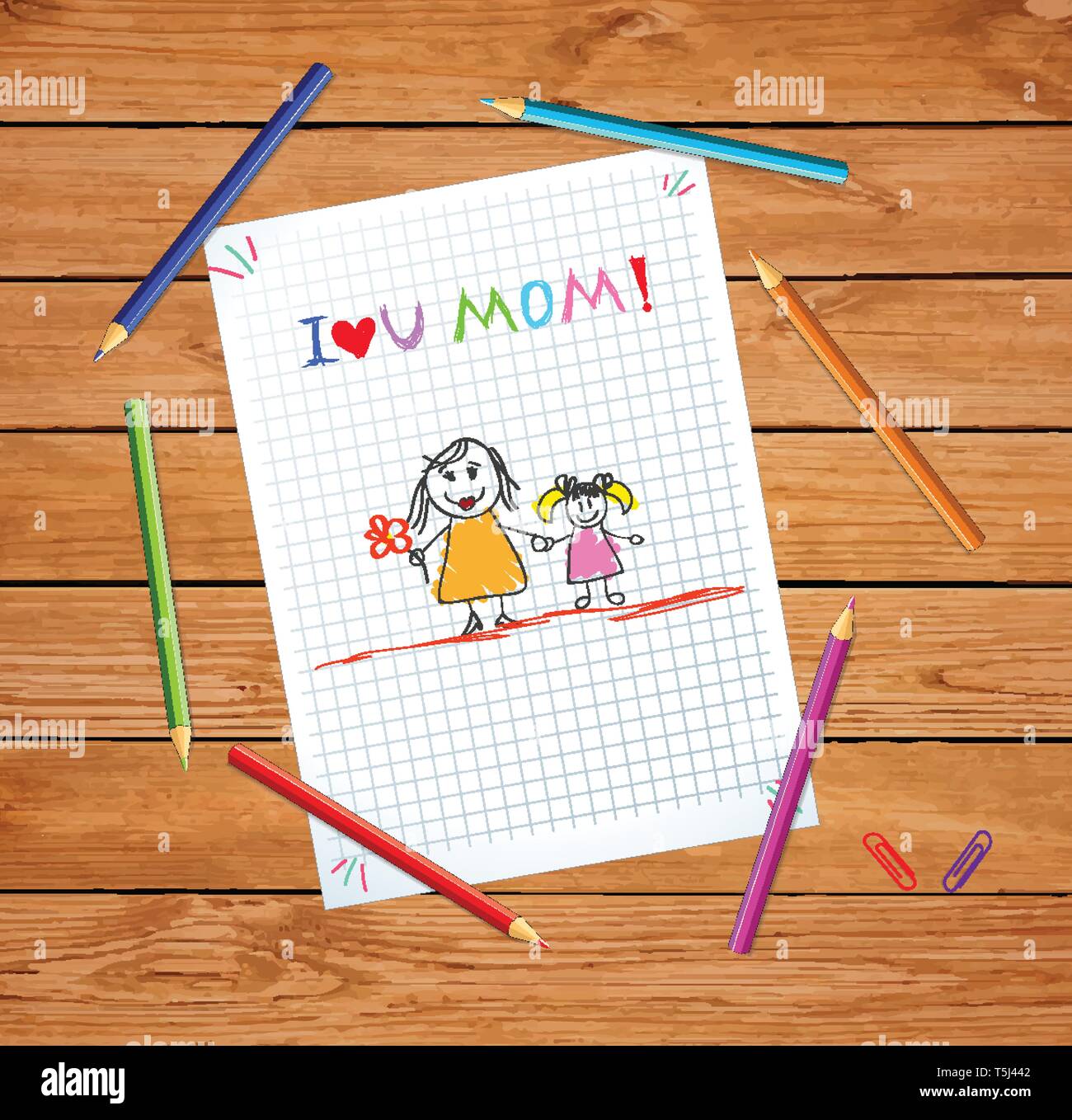 Ich liebe Dich Mama. Kinder bunte Hand gezeichnet Abbildung: Mutter und Tochter auf karierten Notebook Blatt oder graphischen Papier auf Holztisch mit Farbe Stock Vektor