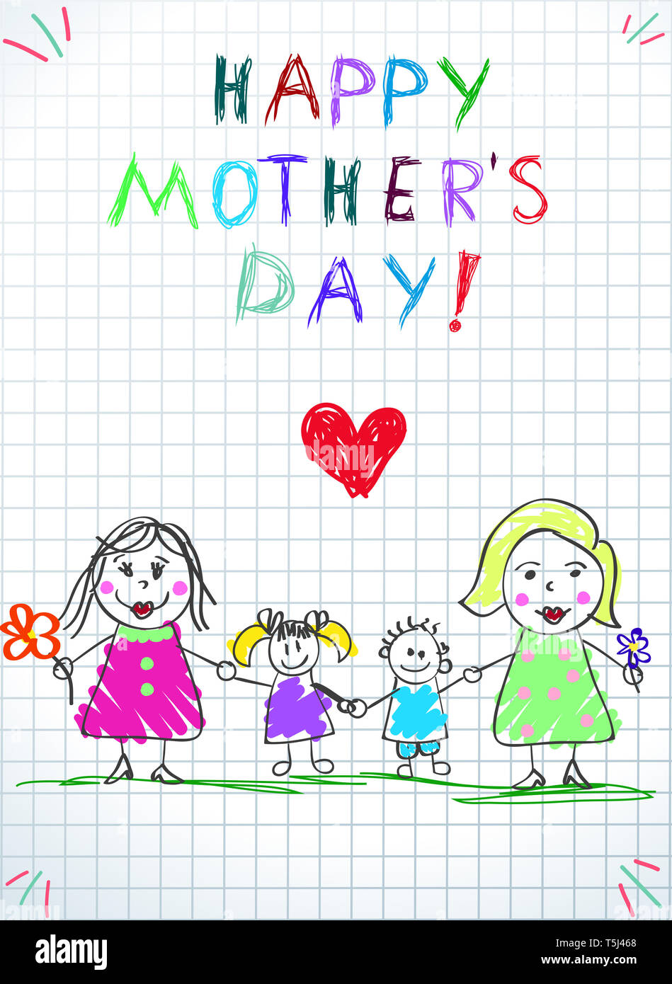 Lgbt-Familie. Glückliche Mütter Tag Kinder Zeichnung. Zwei Frauen mit Annahme durch die Mädchen und Jungen auf grünem Gras auf kariertem Papier Hintergrund stehen. Baby Congratulati Stockfoto