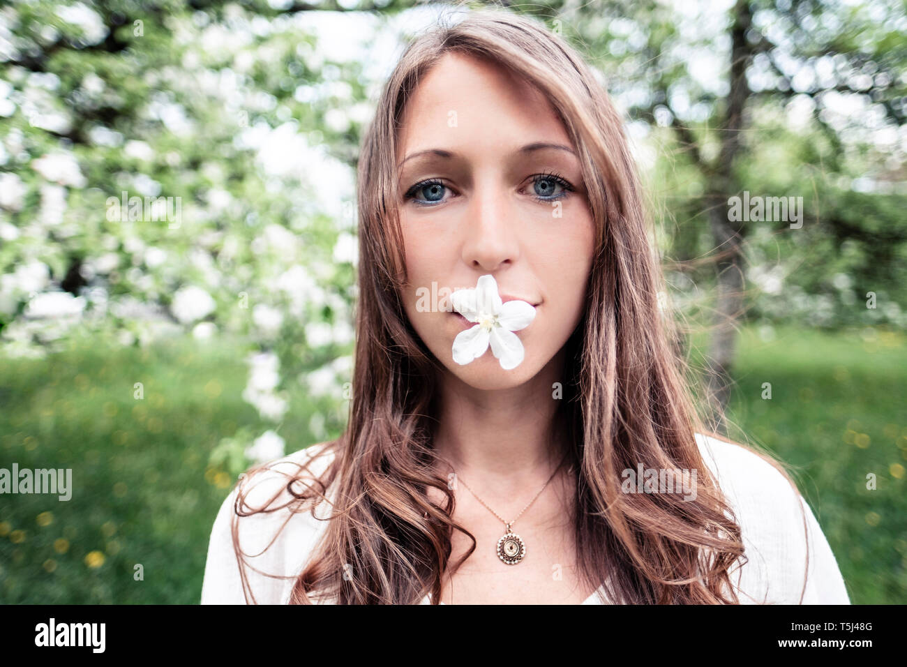 Porträt der jungen Frau mit Apple Blossom in ihrem Munde. Stockfoto