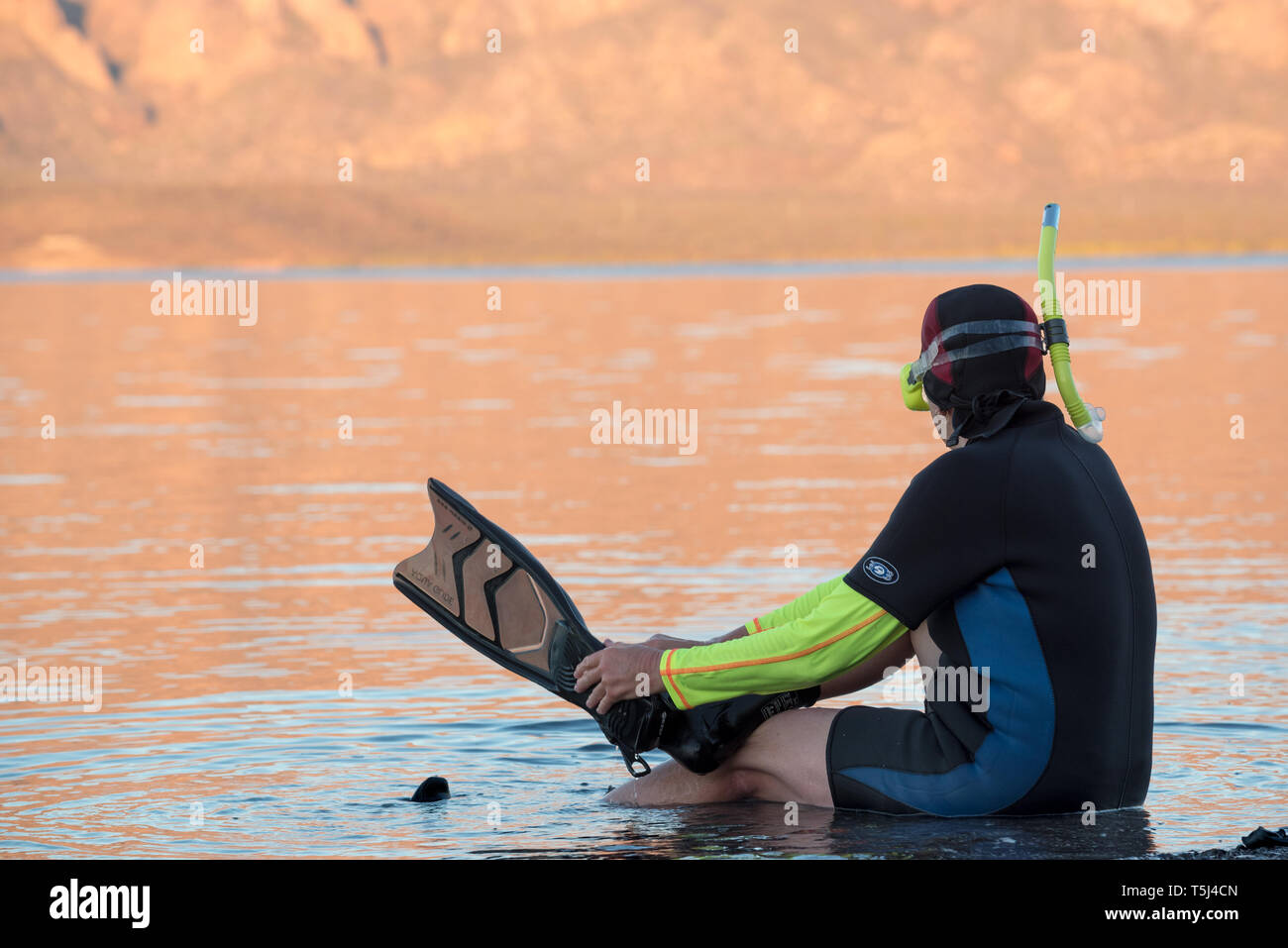 Fertig, zu schnorcheln, Bucht von Loreto Nat. Park, Baja California Sur, Mexiko. Stockfoto