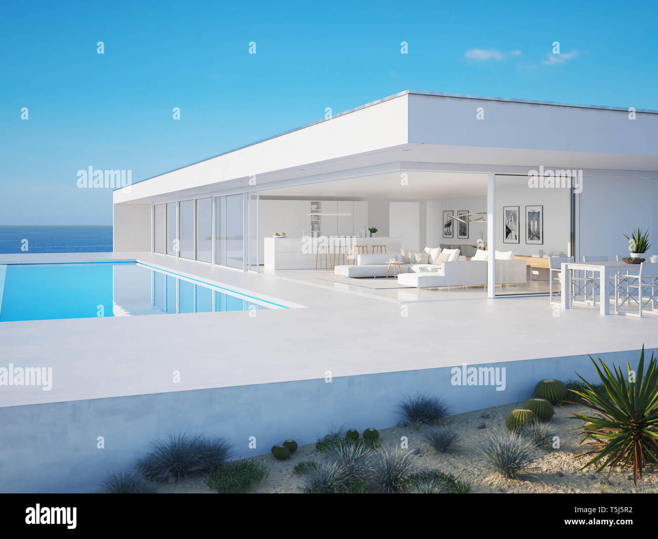 3D-Illustration. Moderne Luxus Villa mit Pool Stockfoto