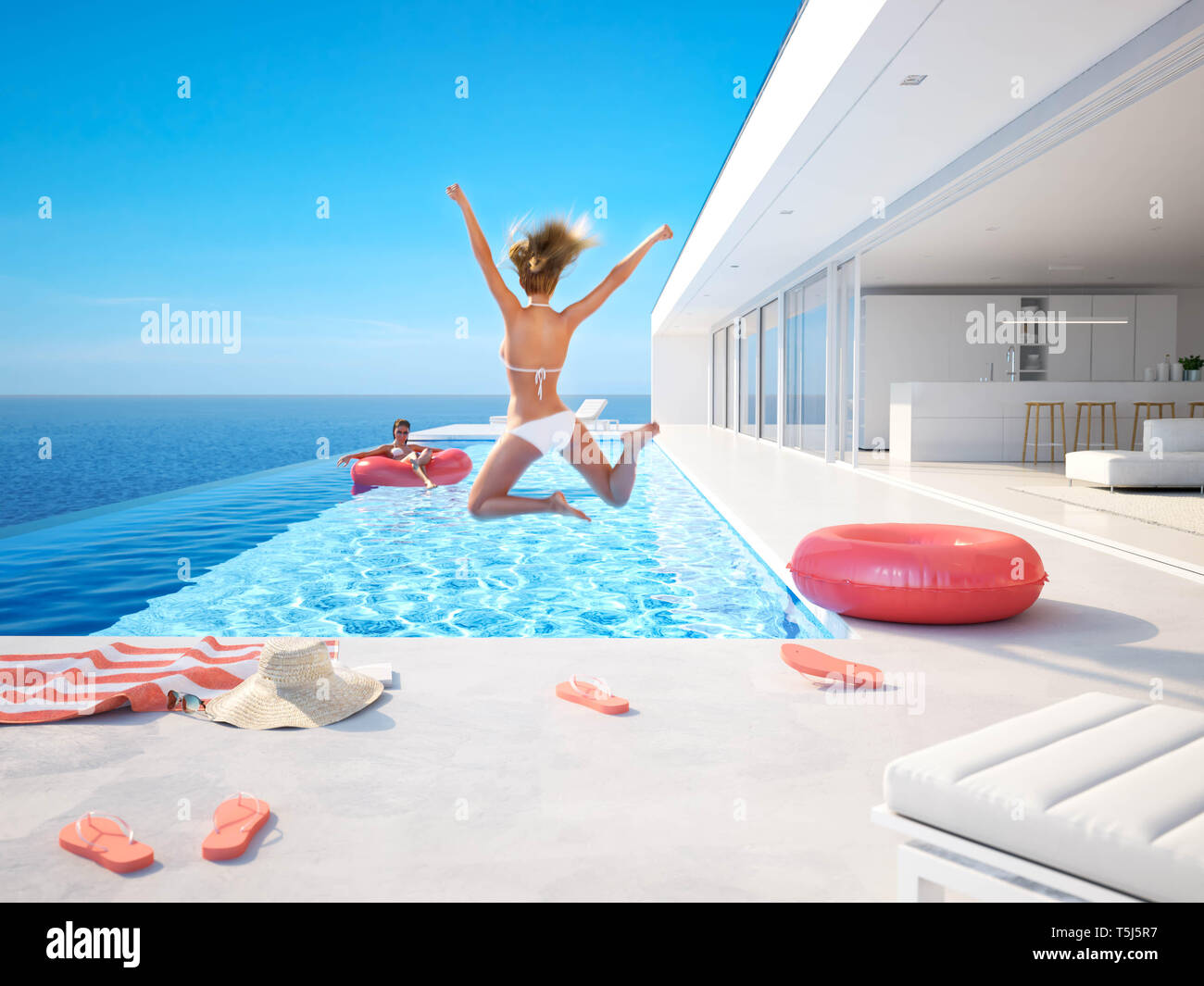 3D-Illustration. Frau springt in den Pool. Im Sommer Spaß Stockfoto
