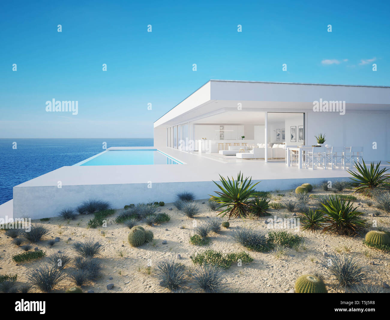 3D-Illustration. Moderne Luxus Villa mit Pool Stockfoto