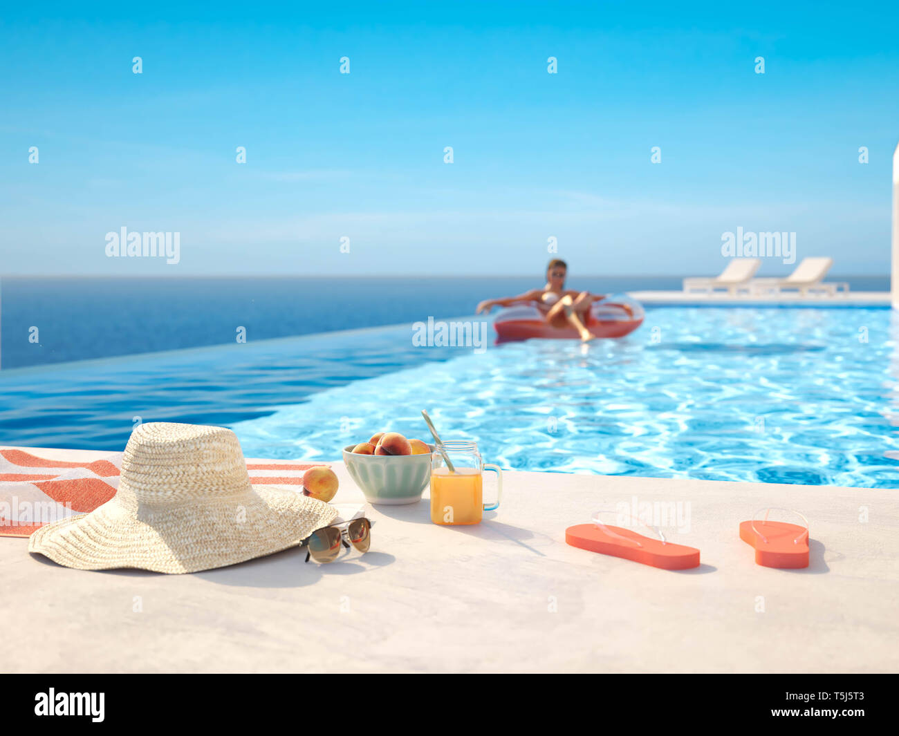 3D-Illustration. Die modernen luxuriösen Infinity-Pool mit Sommer Accessoires Stockfoto